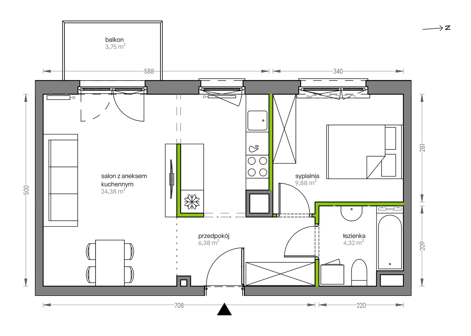 2 pokoje, mieszkanie 44,96 m², piętro 5, oferta nr F/124, City Vibe etap V, Kraków, Podgórze, Płaszów, ul. Myśliwska 68