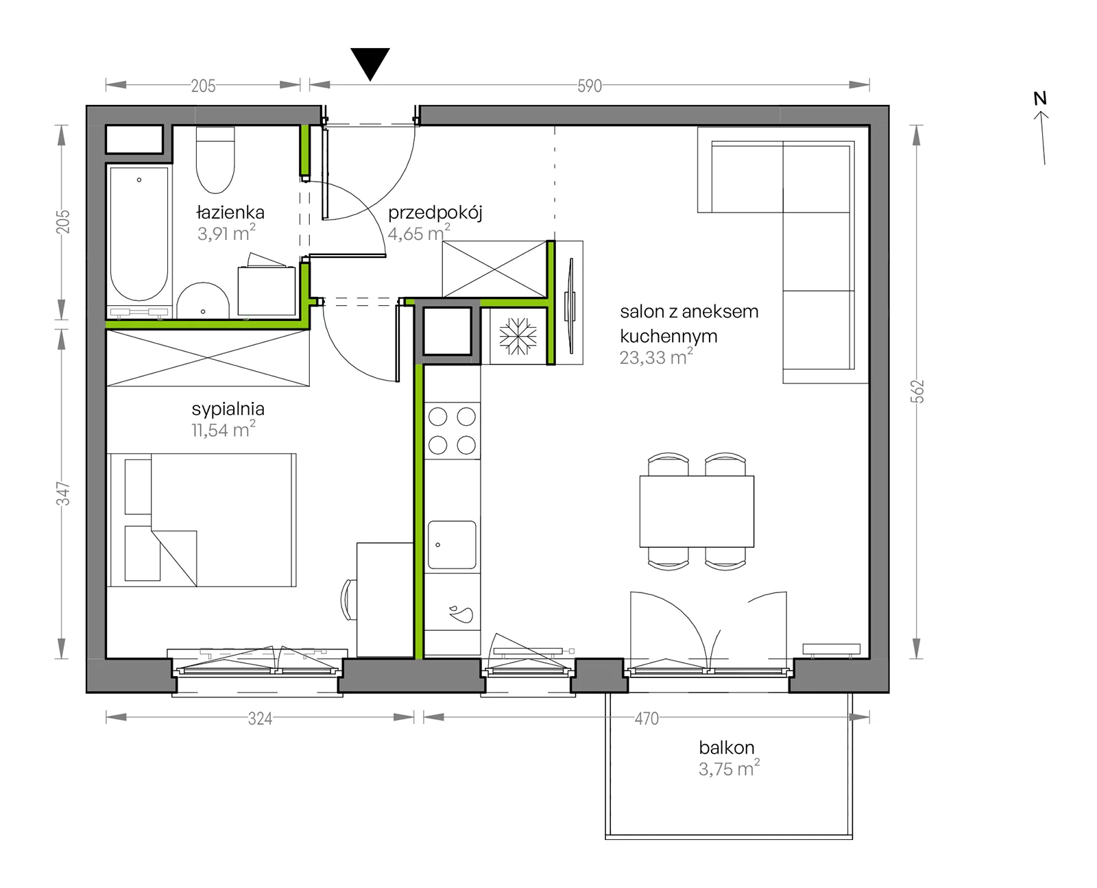 2 pokoje, mieszkanie 43,43 m², piętro 3, oferta nr G/059, City Vibe etap V, Kraków, Podgórze, Płaszów, ul. Myśliwska 68