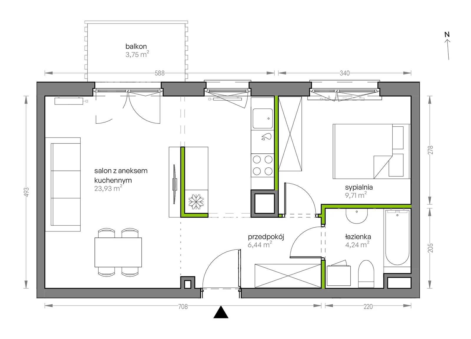 2 pokoje, mieszkanie 44,32 m², piętro 1, oferta nr G/085, City Vibe etap V, Kraków, Podgórze, Płaszów, ul. Myśliwska 68