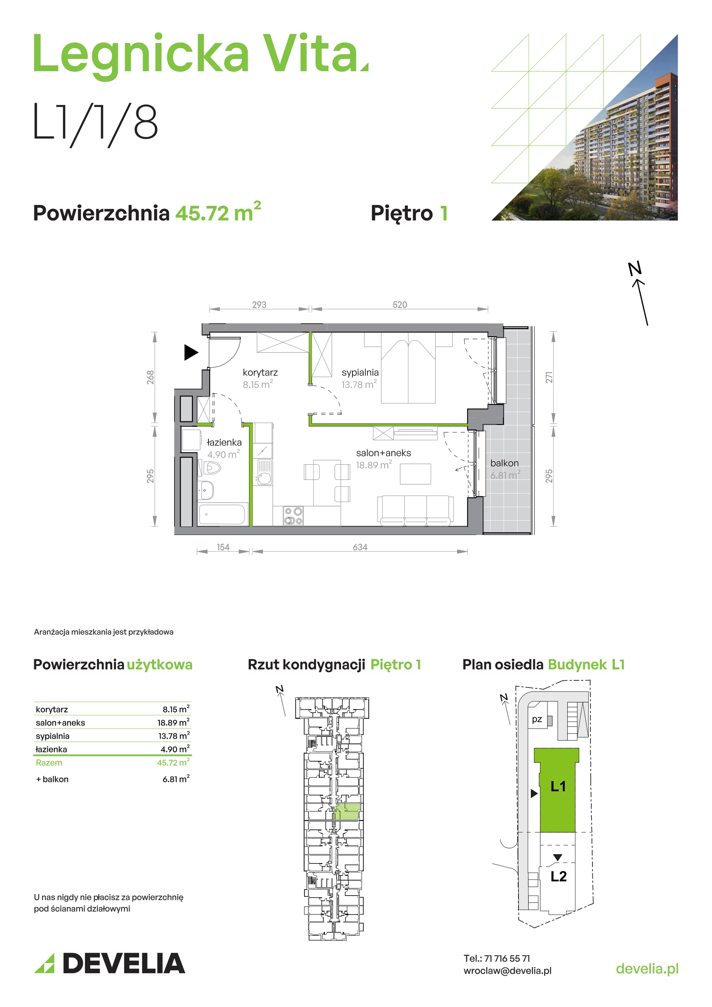 Mieszkanie 45,72 m², piętro 1, oferta nr L1/1/8, Legnicka Vita, Wrocław, Gądów-Popowice Południowe, Popowice, ul. Legnicka 52 A
