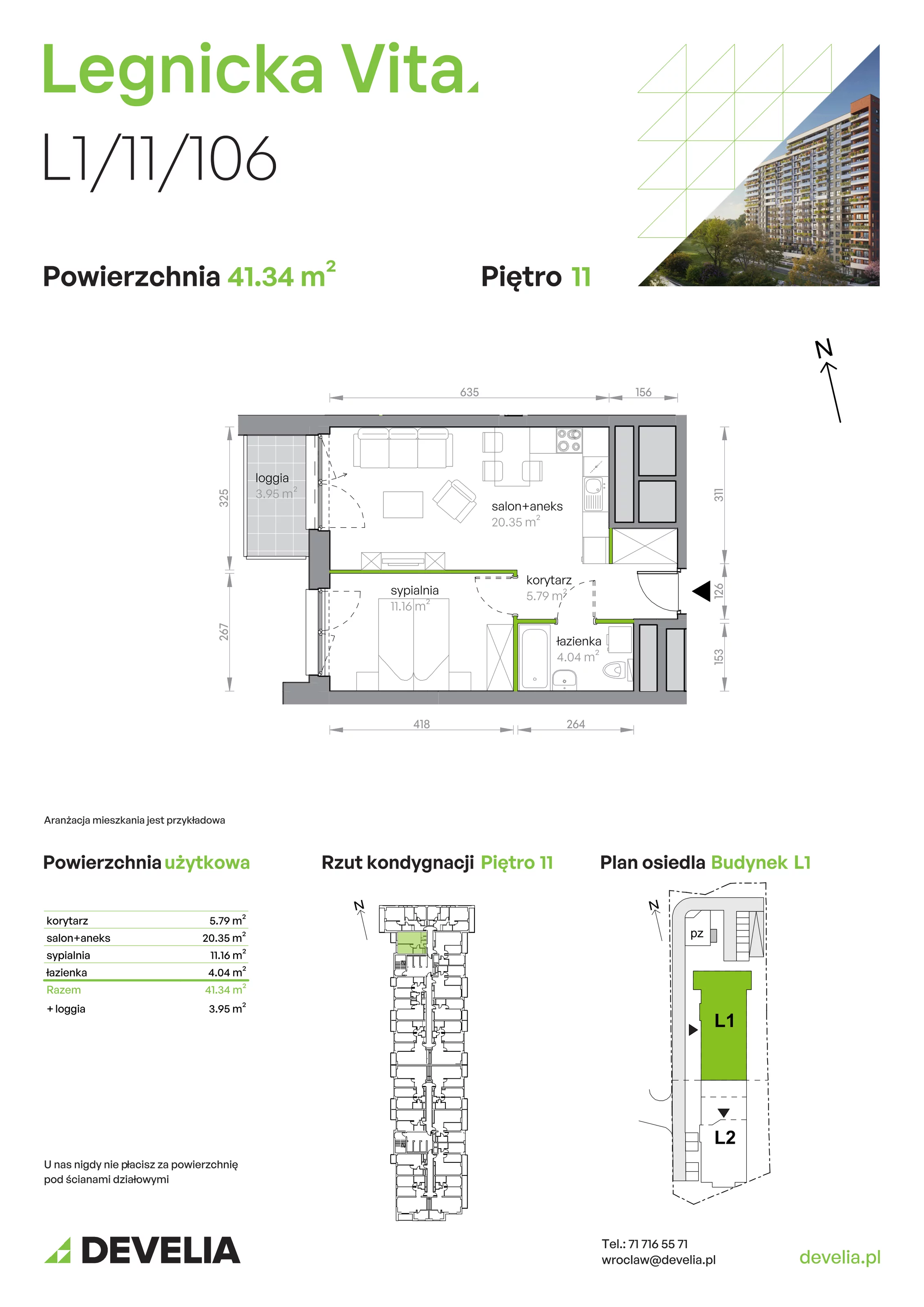 Mieszkanie 41,34 m², piętro 11, oferta nr L1/11/106, Legnicka Vita, Wrocław, Gądów-Popowice Południowe, Popowice, ul. Legnicka 52 A
