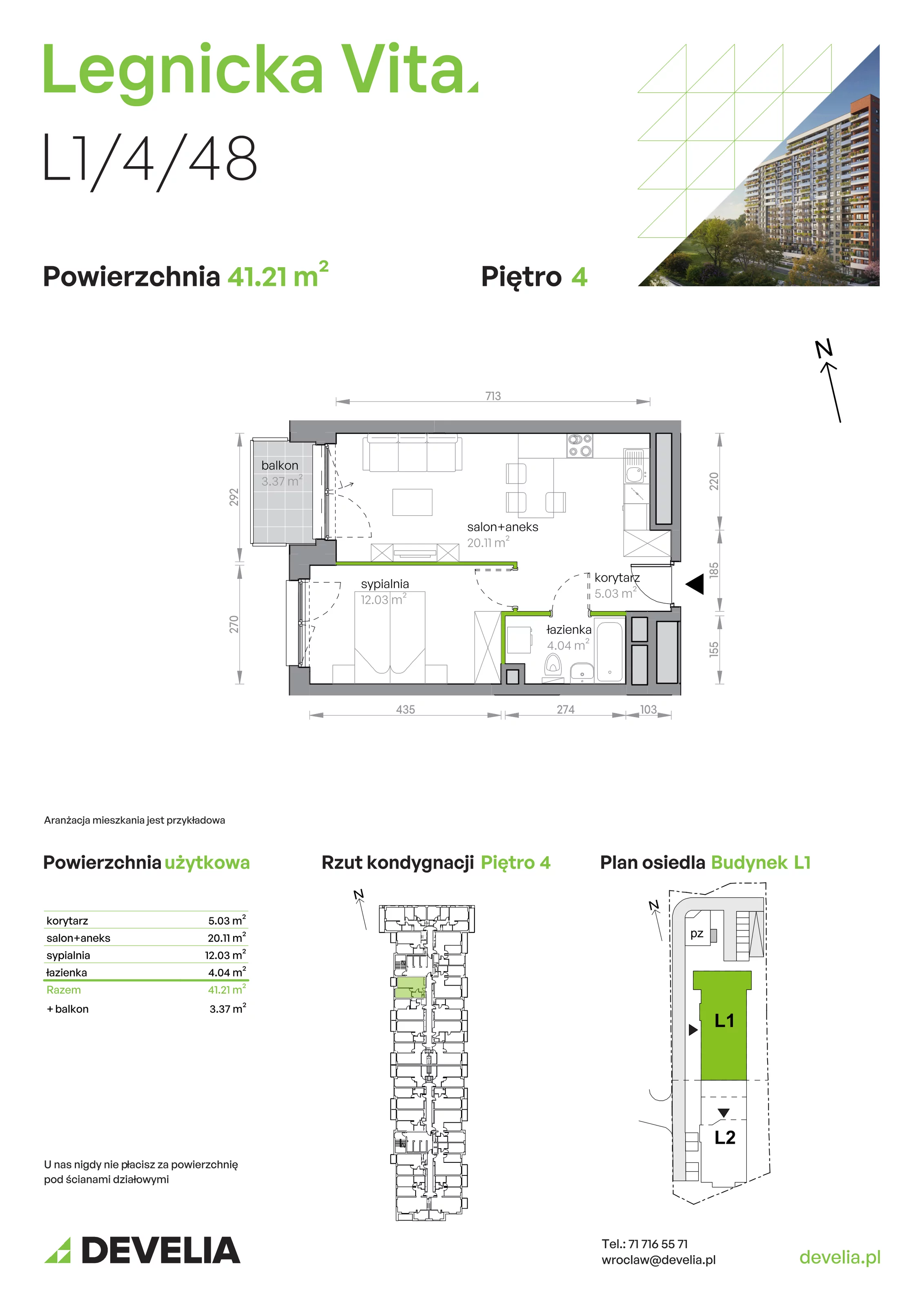 Mieszkanie 41,21 m², piętro 4, oferta nr L1/4/48, Legnicka Vita, Wrocław, Gądów-Popowice Południowe, Popowice, ul. Legnicka 52 A