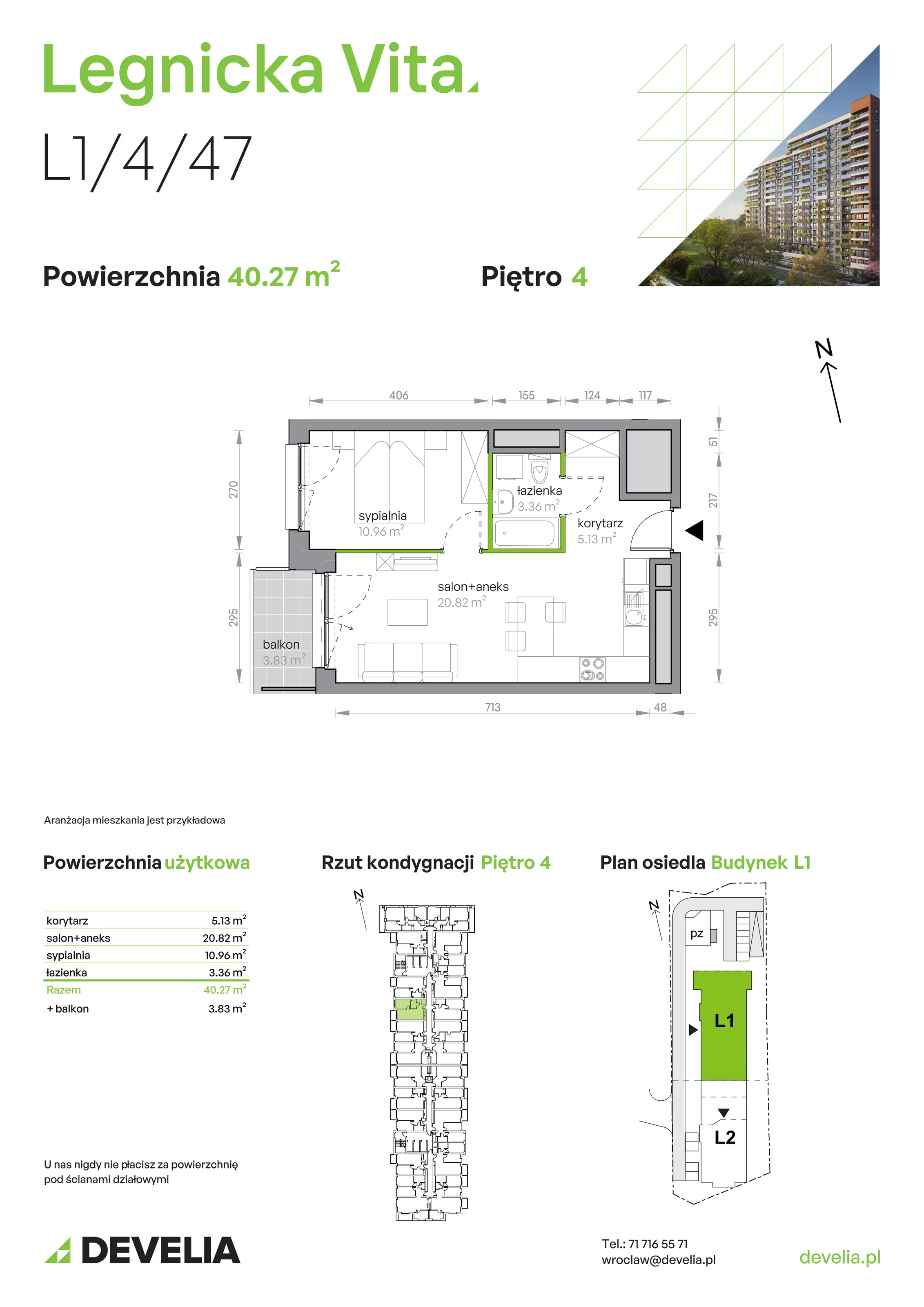 Mieszkanie 40,27 m², piętro 4, oferta nr L1/4/47, Legnicka Vita, Wrocław, Gądów-Popowice Południowe, Popowice, ul. Legnicka 52 A