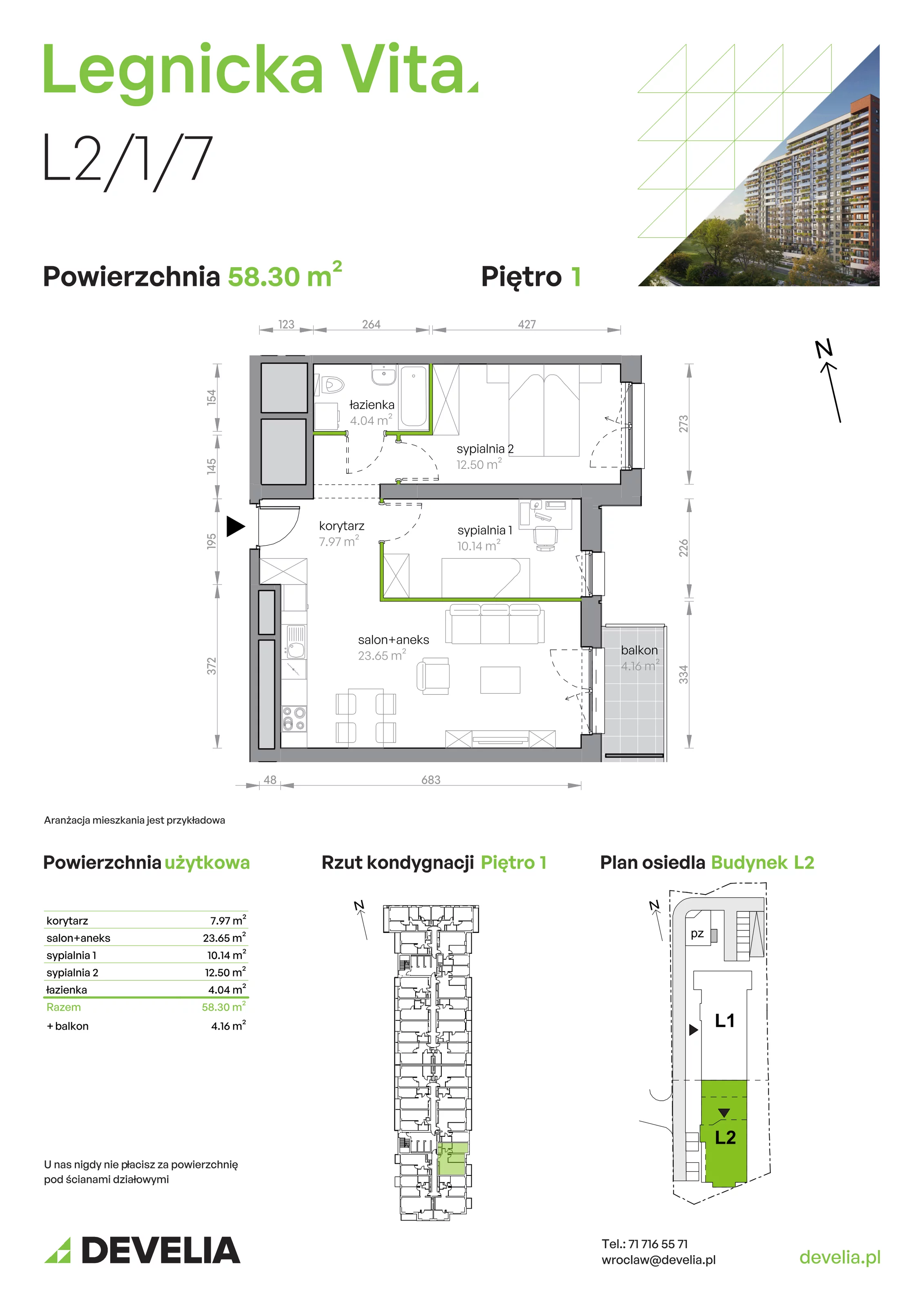 Mieszkanie 58,30 m², piętro 1, oferta nr L2/1/7, Legnicka Vita, Wrocław, Gądów-Popowice Południowe, Popowice, ul. Legnicka 52 A