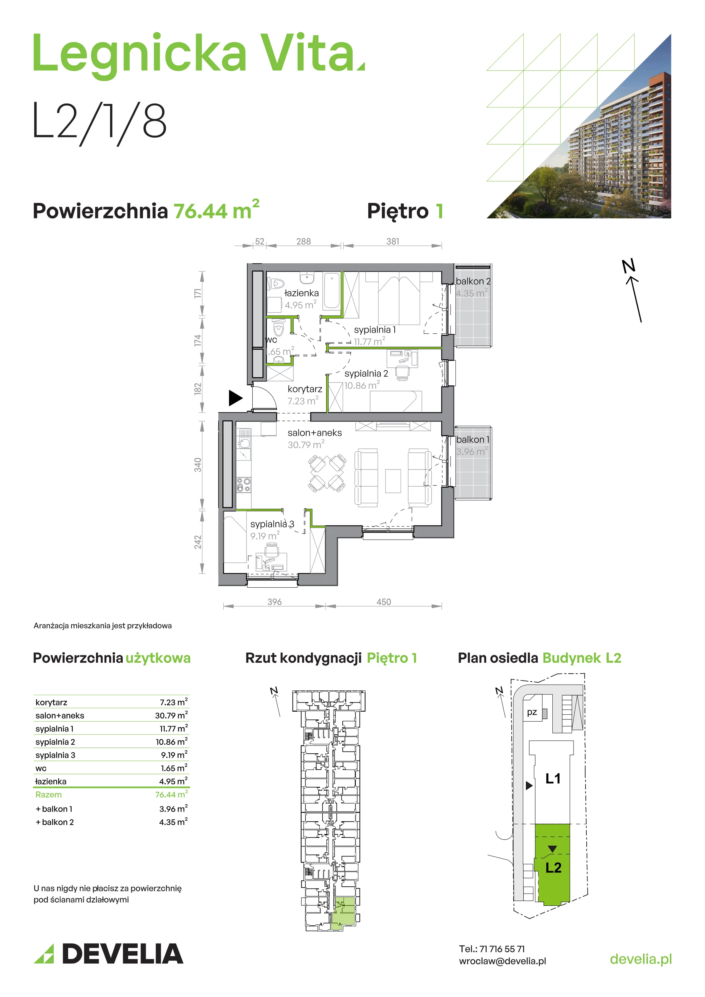 Mieszkanie 76,44 m², piętro 1, oferta nr L2/1/8, Legnicka Vita, Wrocław, Gądów-Popowice Południowe, Popowice, ul. Legnicka 52 A