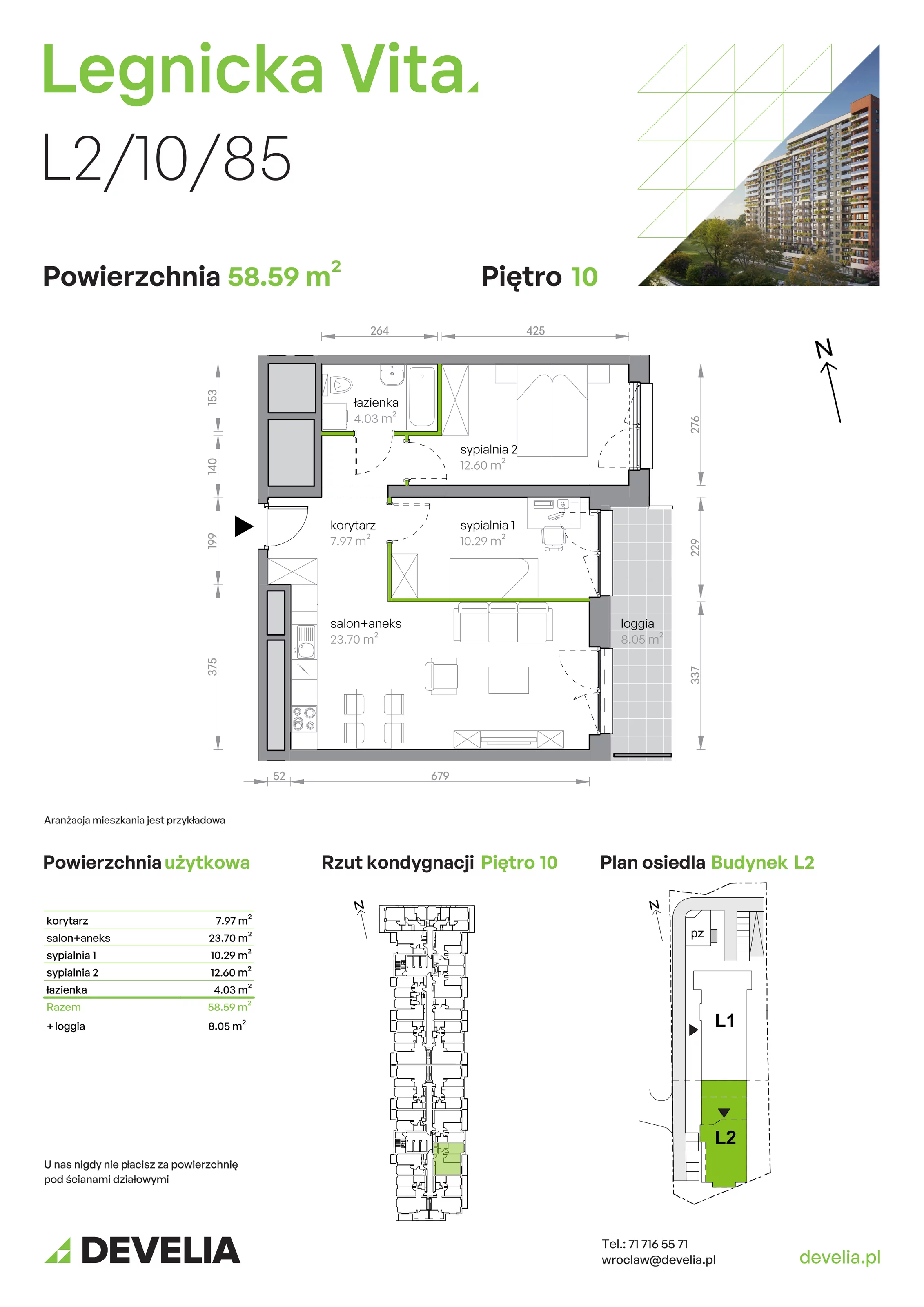 Mieszkanie 58,59 m², piętro 10, oferta nr L2/10/85, Legnicka Vita, Wrocław, Gądów-Popowice Południowe, Popowice, ul. Legnicka 52 A