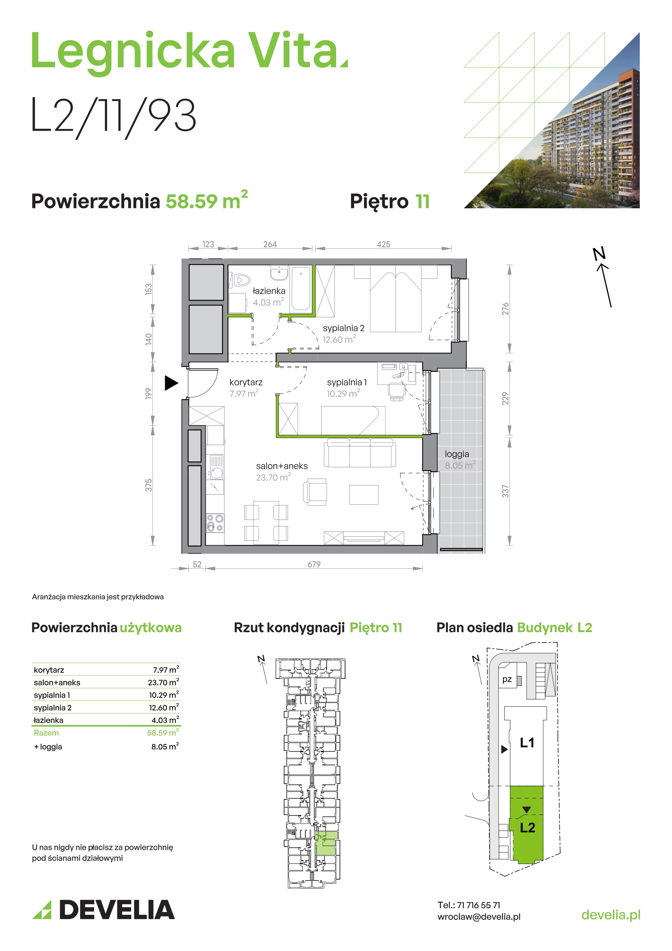 3 pokoje, mieszkanie 58,59 m², piętro 11, oferta nr L2/11/93, Legnicka Vita, Wrocław, Gądów-Popowice Południowe, Popowice, ul. Legnicka 52 A