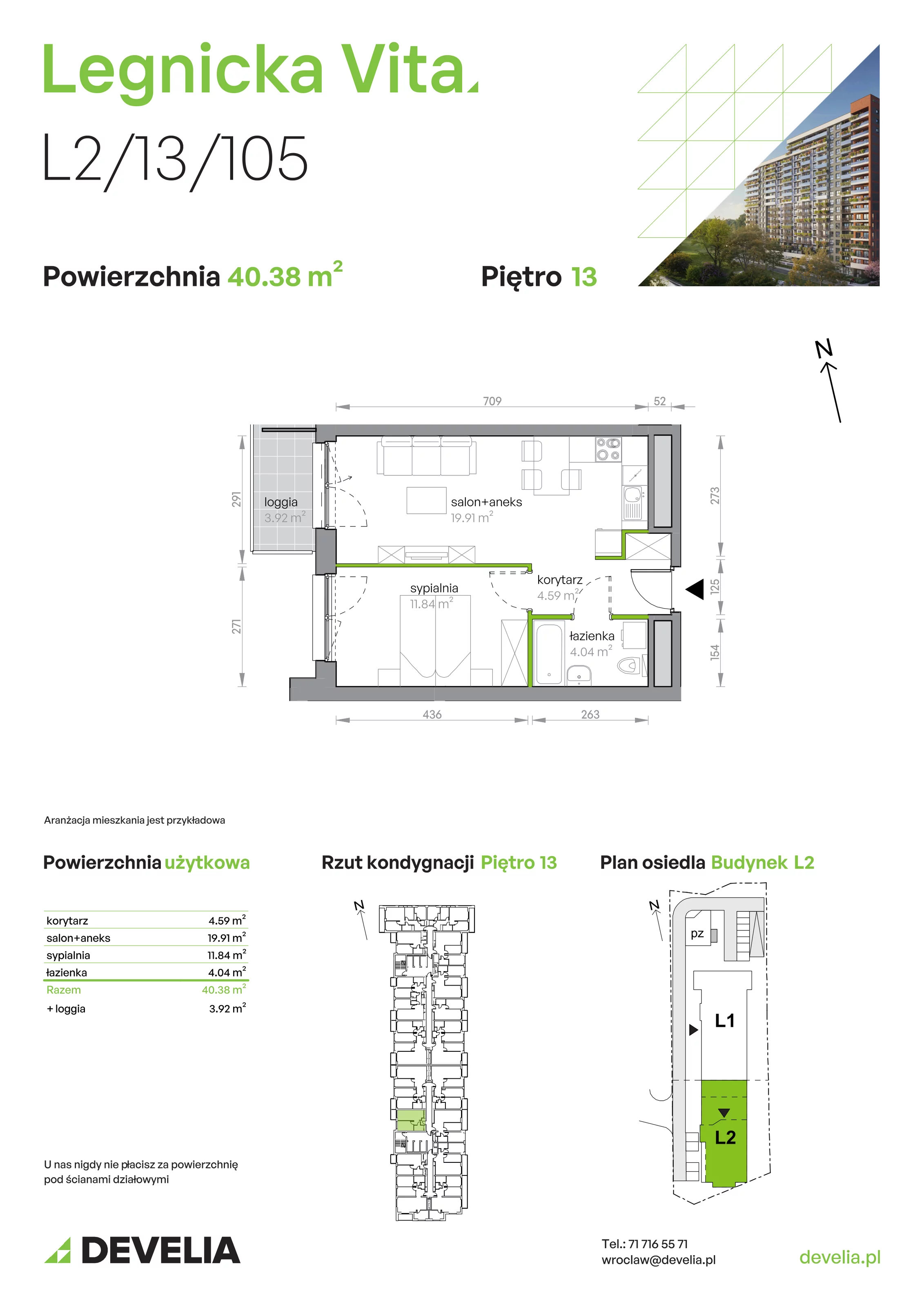 Mieszkanie 40,38 m², piętro 13, oferta nr L2/13/105, Legnicka Vita, Wrocław, Gądów-Popowice Południowe, Popowice, ul. Legnicka 52 A