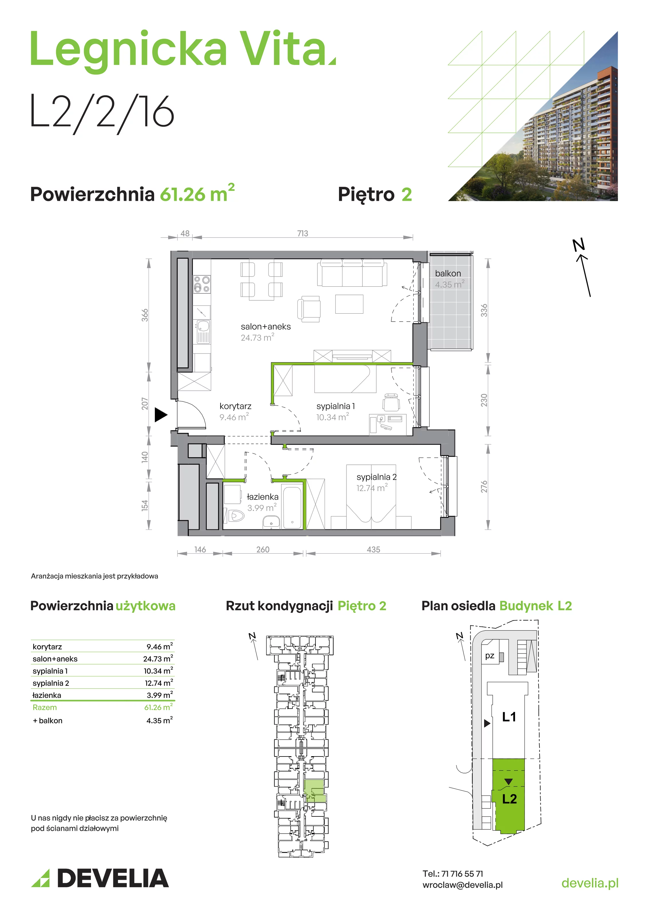 3 pokoje, mieszkanie 61,26 m², piętro 2, oferta nr L2/2/16, Legnicka Vita, Wrocław, Gądów-Popowice Południowe, Popowice, ul. Legnicka 52 A