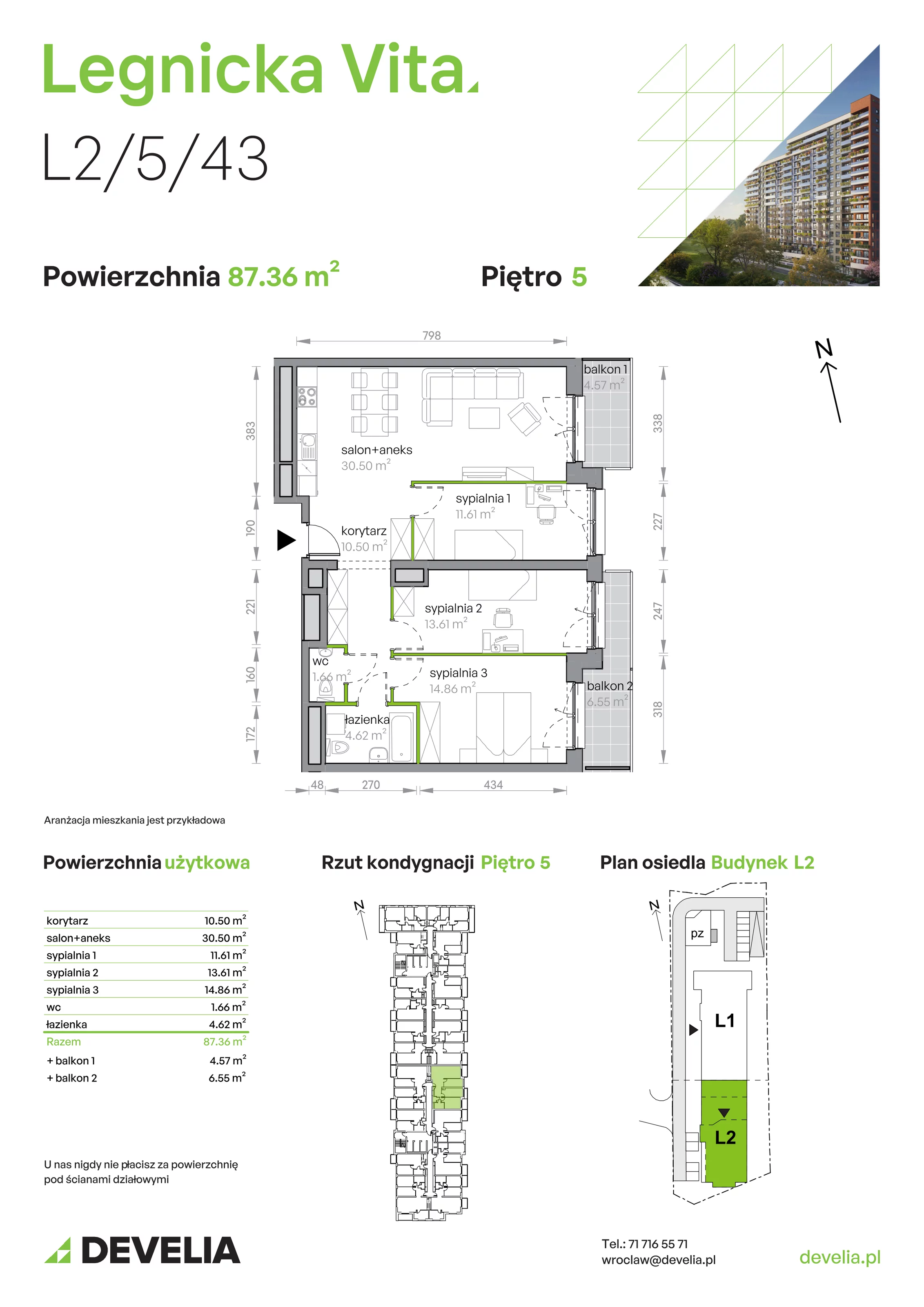 Mieszkanie 87,36 m², piętro 5, oferta nr L2/5/43, Legnicka Vita, Wrocław, Gądów-Popowice Południowe, Popowice, ul. Legnicka 52 A