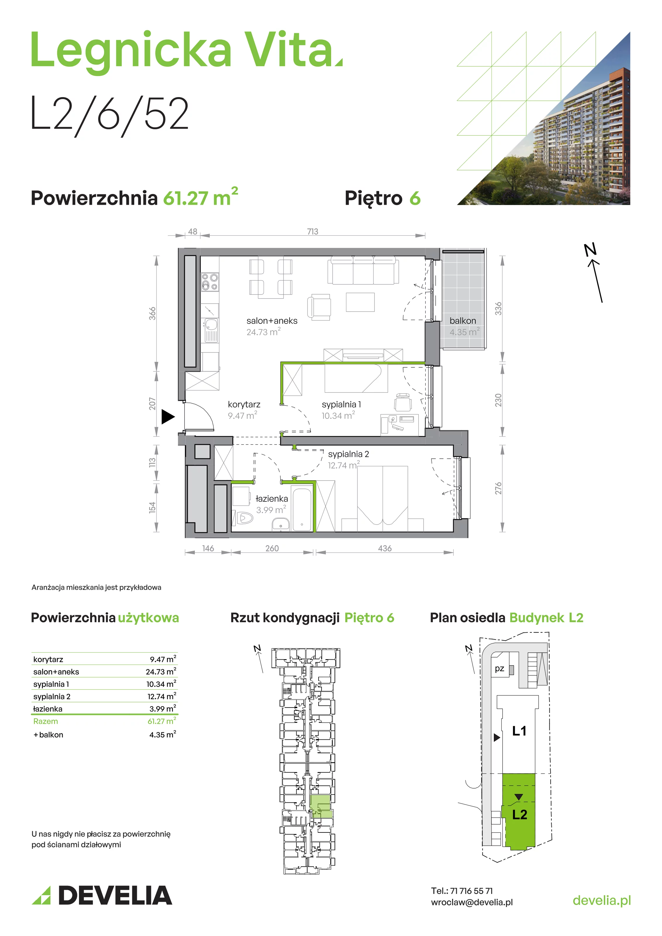 Mieszkanie 61,27 m², piętro 6, oferta nr L2/6/52, Legnicka Vita, Wrocław, Gądów-Popowice Południowe, Popowice, ul. Legnicka 52 A