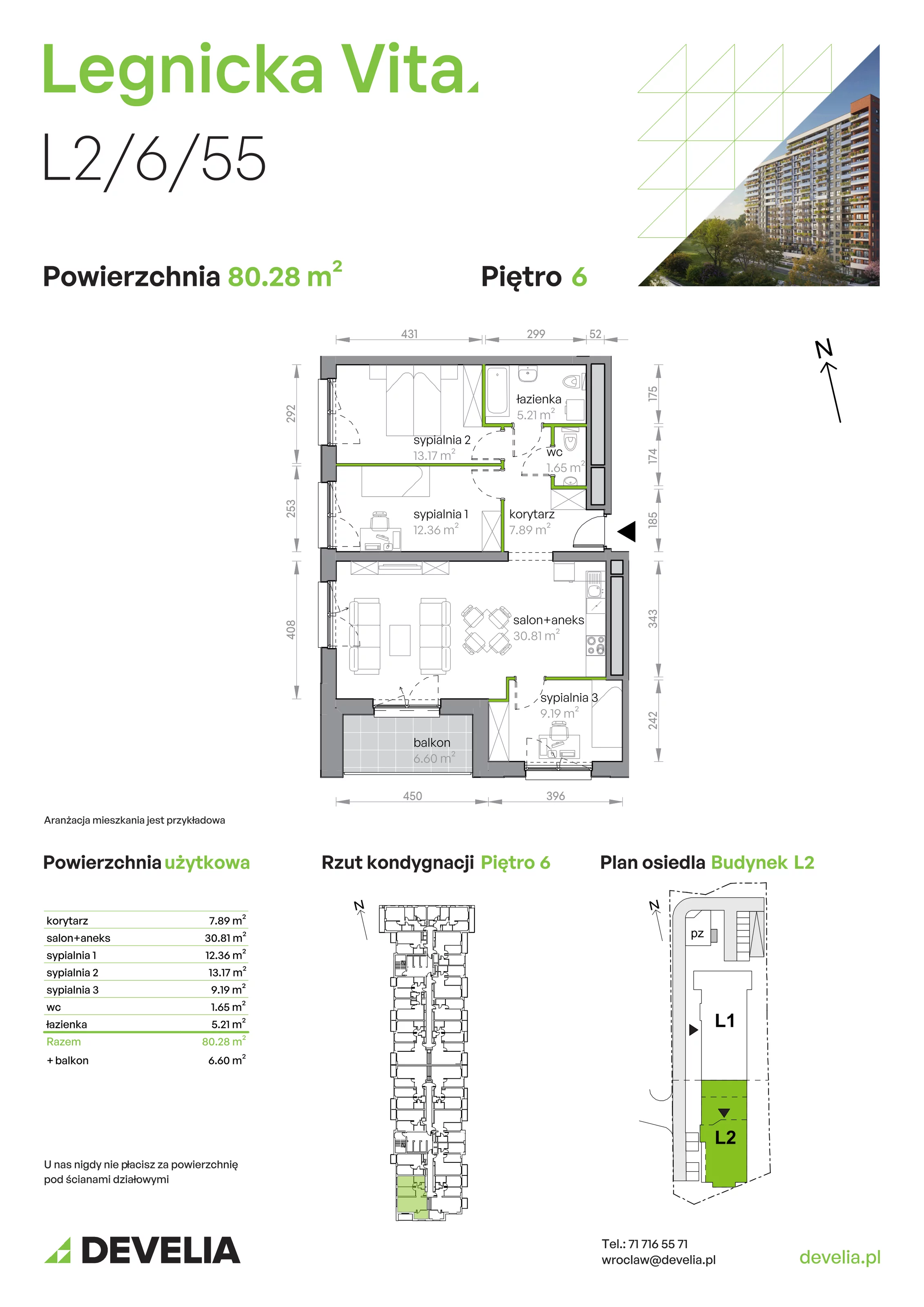 Mieszkanie 80,28 m², piętro 6, oferta nr L2/6/55, Legnicka Vita, Wrocław, Gądów-Popowice Południowe, Popowice, ul. Legnicka 52 A