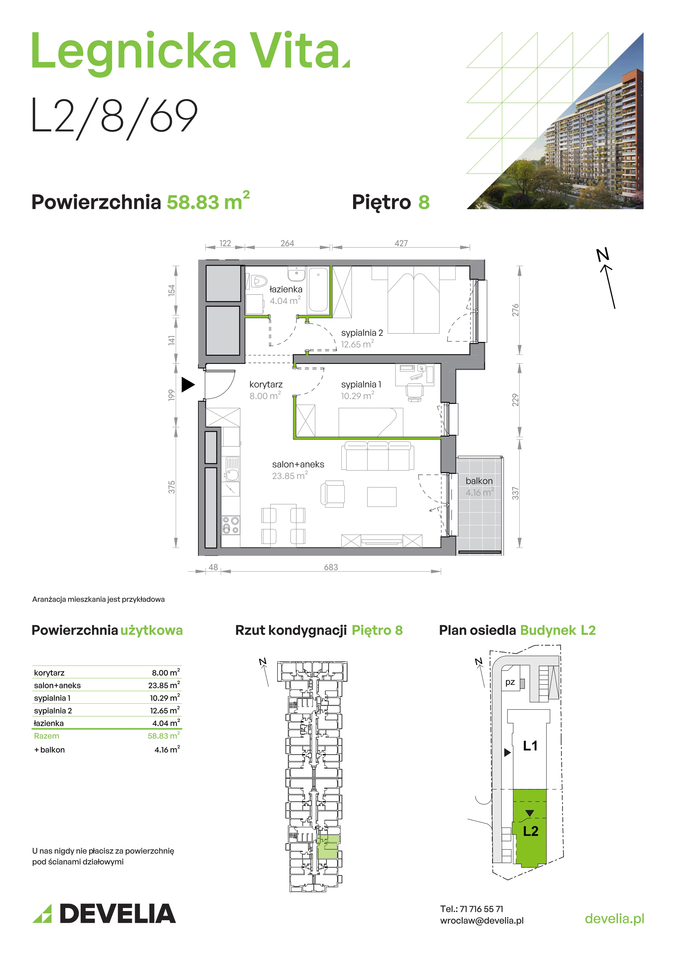 3 pokoje, mieszkanie 58,83 m², piętro 8, oferta nr L2/8/69, Legnicka Vita, Wrocław, Gądów-Popowice Południowe, Popowice, ul. Legnicka 52 A