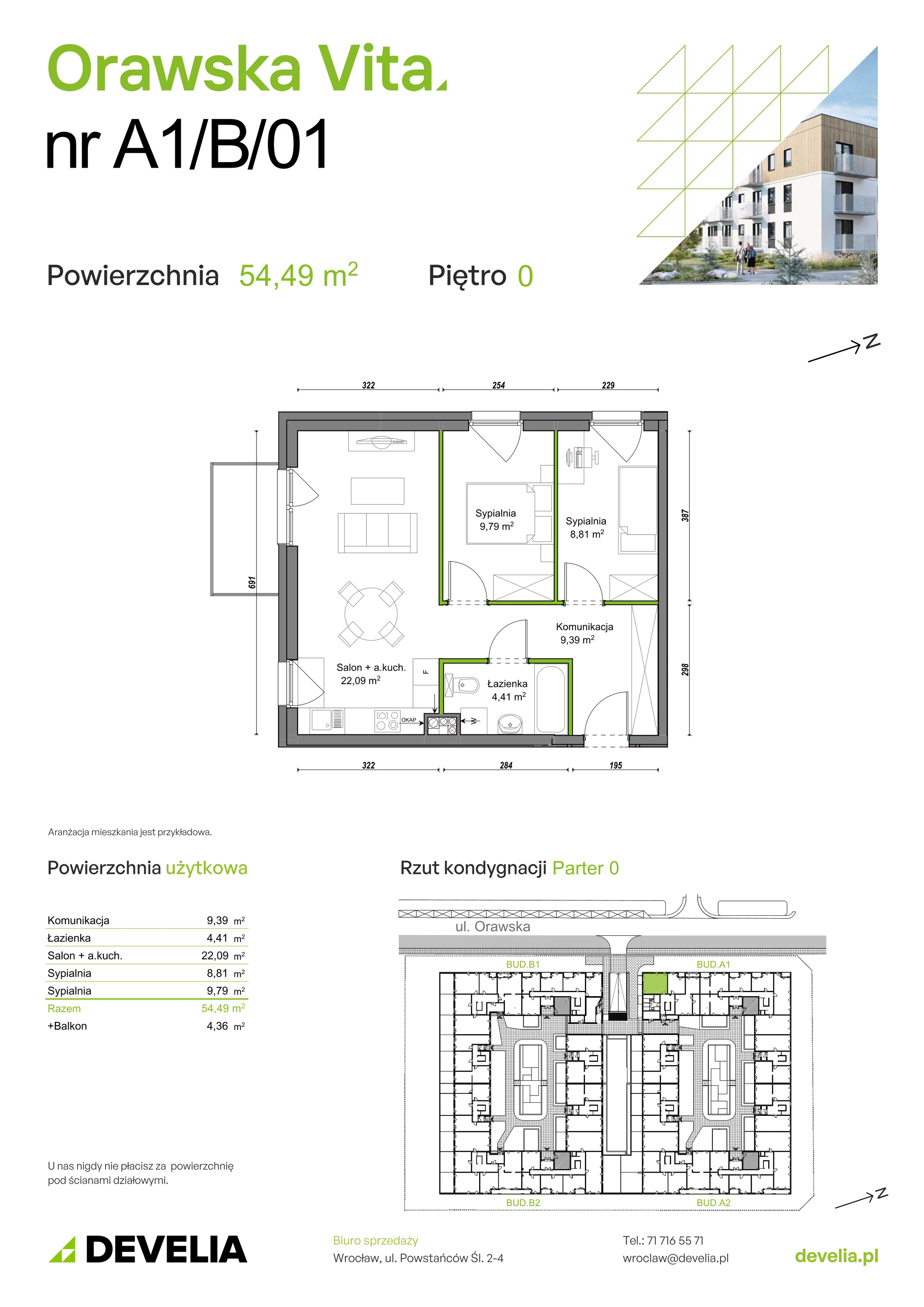 3 pokoje, mieszkanie 54,49 m², parter, oferta nr A1/B/01, Orawska Vita, Wrocław, Ołtaszyn, Krzyki, ul. Orawska 73