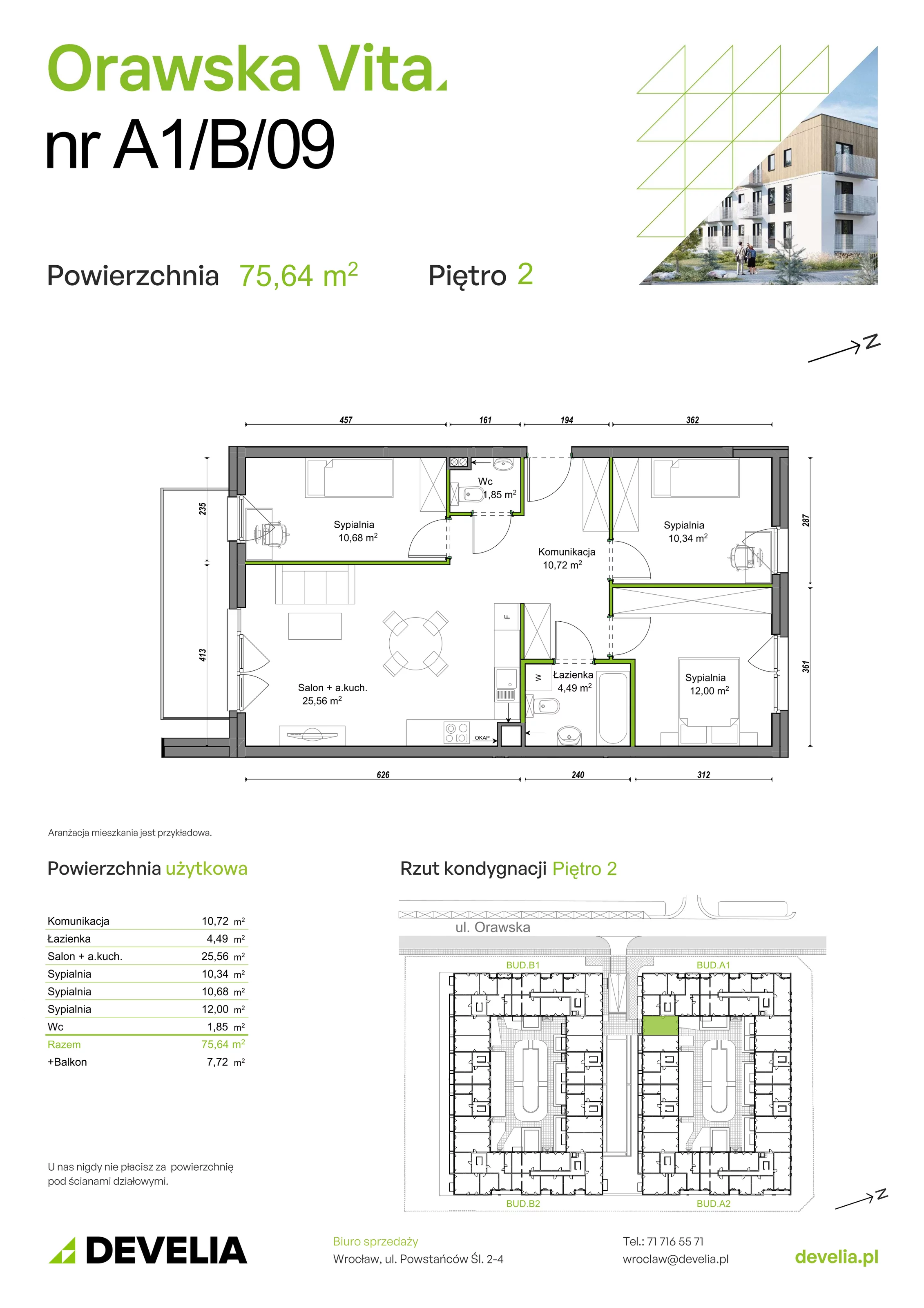 Mieszkanie 75,64 m², piętro 2, oferta nr A1/B/09, Orawska Vita, Wrocław, Ołtaszyn, Krzyki, ul. Orawska 73