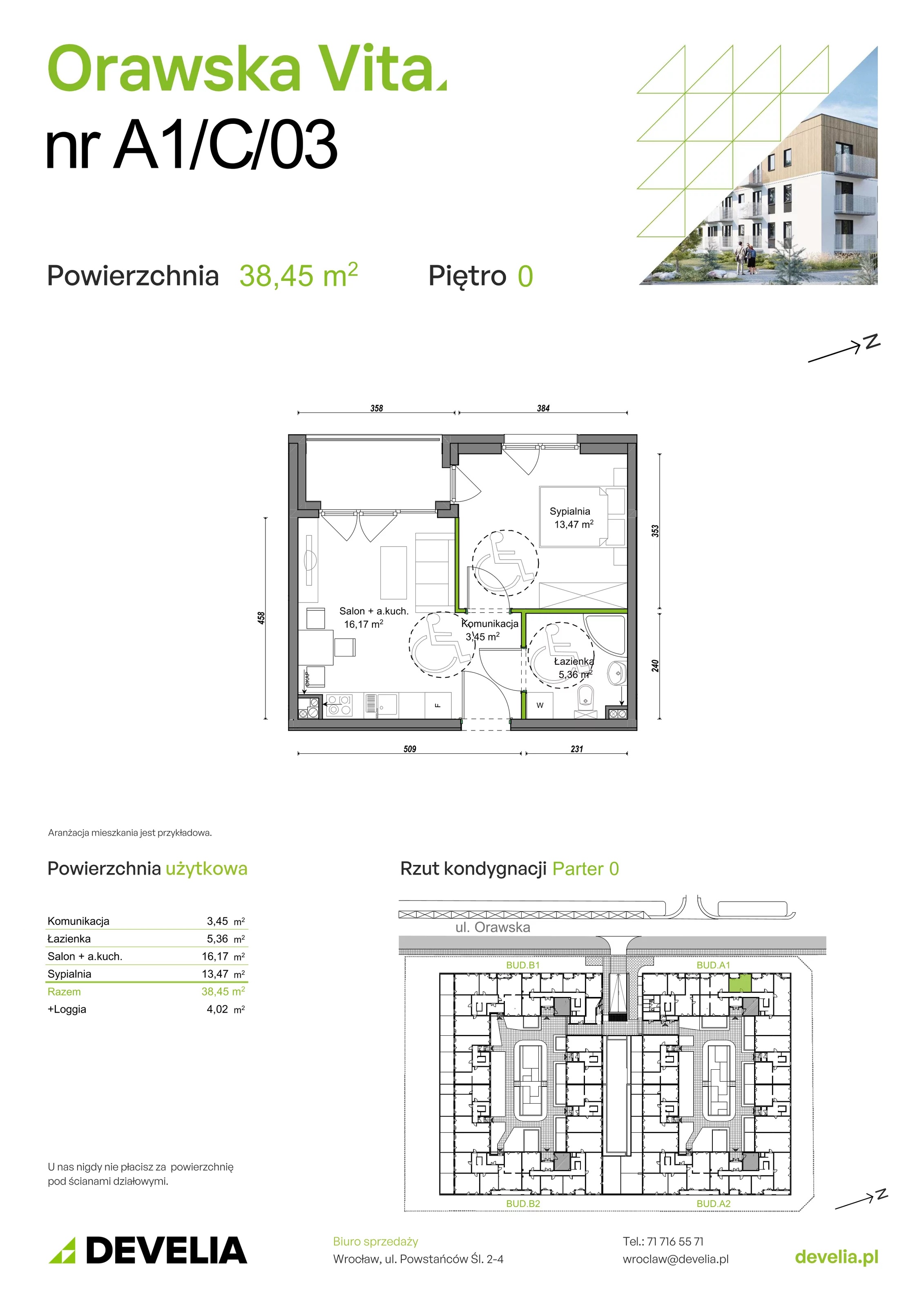 Mieszkanie 38,45 m², parter, oferta nr A1/C/03, Orawska Vita, Wrocław, Ołtaszyn, Krzyki, ul. Orawska 73