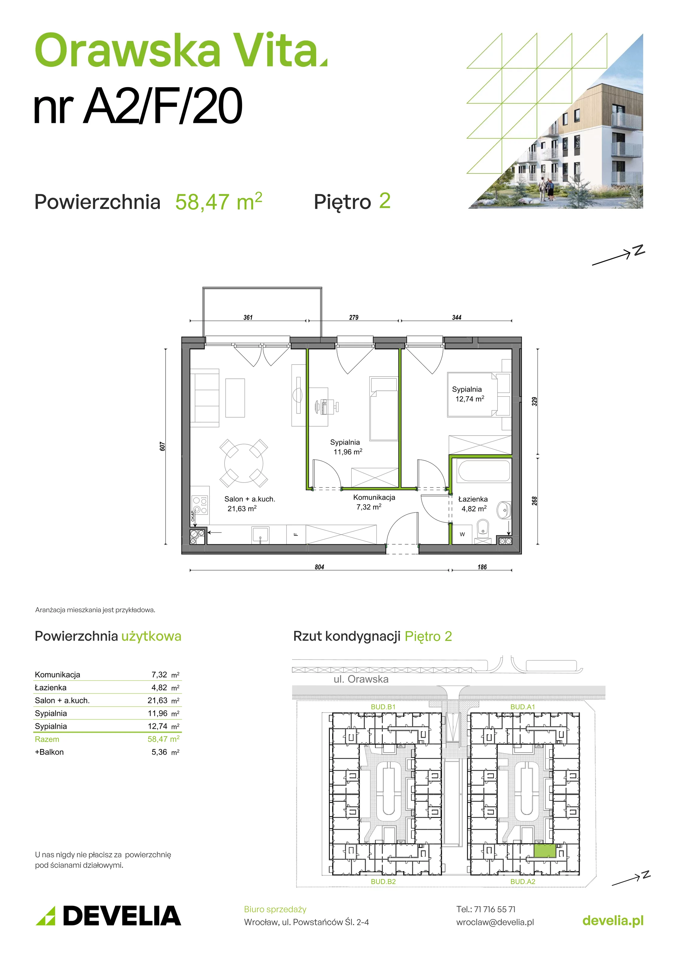 Mieszkanie 58,47 m², piętro 2, oferta nr A2/F/20, Orawska Vita, Wrocław, Ołtaszyn, Krzyki, ul. Orawska 73