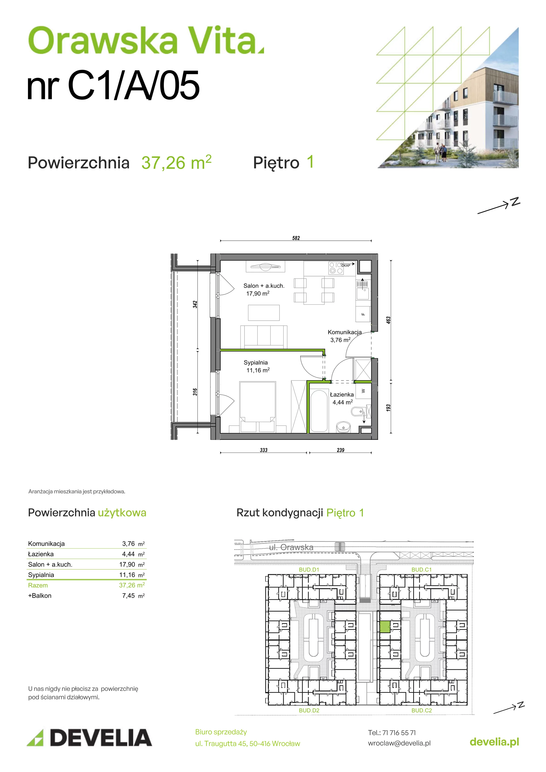 Mieszkanie 37,26 m², piętro 1, oferta nr C1/A/05, Orawska Vita II, Wrocław, Ołtaszyn, Krzyki, ul. Orawska 73