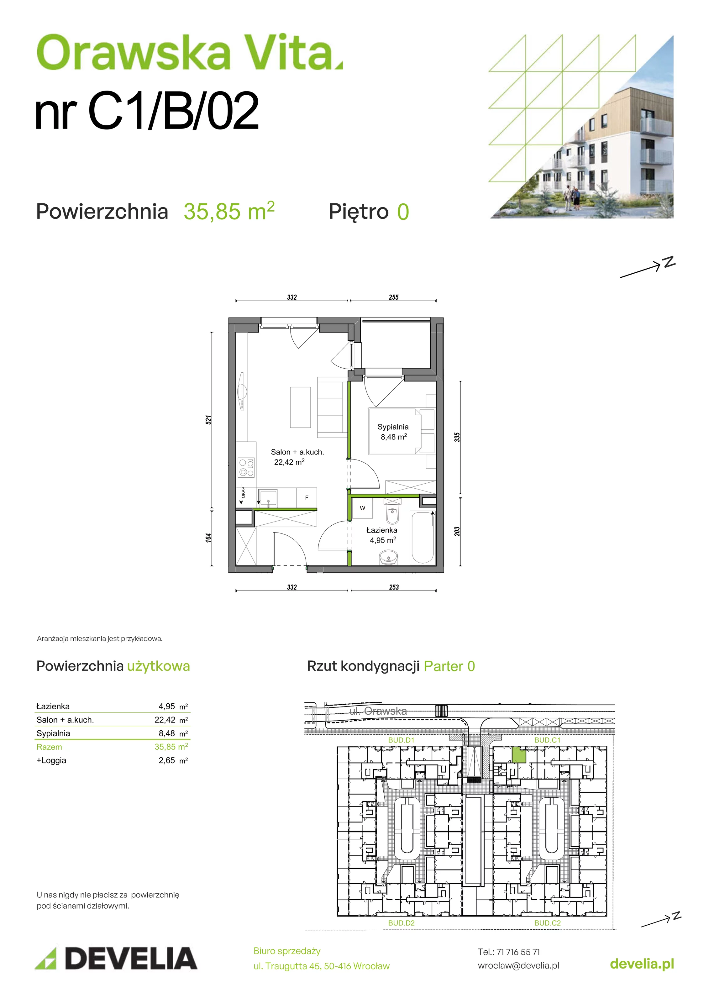 Mieszkanie 35,85 m², parter, oferta nr C1/B/02, Orawska Vita II, Wrocław, Ołtaszyn, Krzyki, ul. Orawska 73