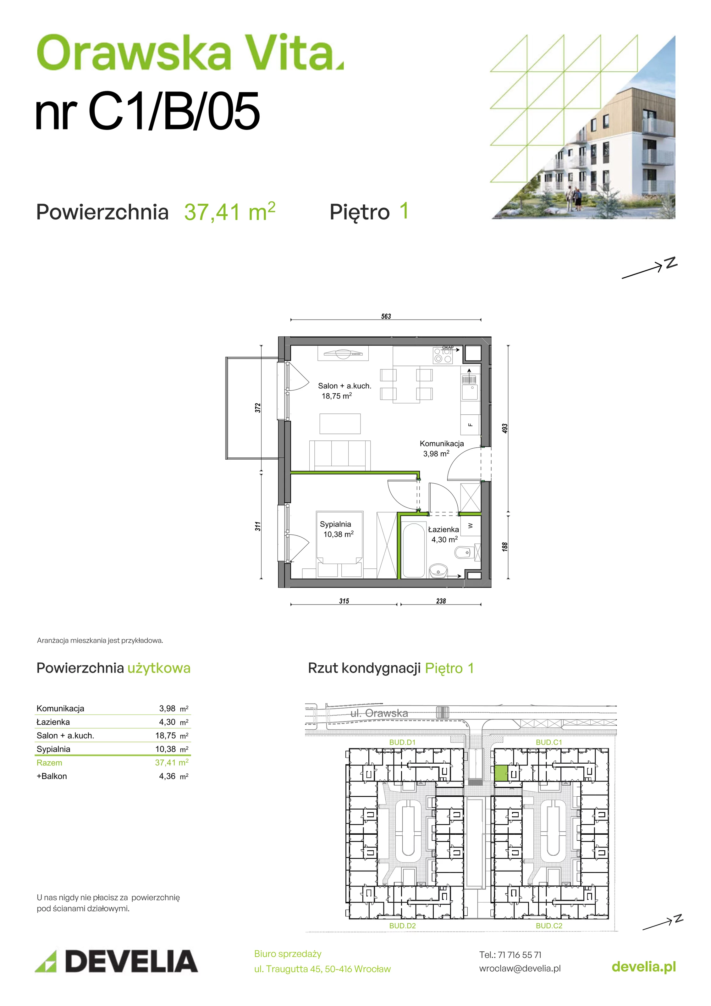 Mieszkanie 37,41 m², piętro 1, oferta nr C1/B/05, Orawska Vita II, Wrocław, Ołtaszyn, Krzyki, ul. Orawska 73