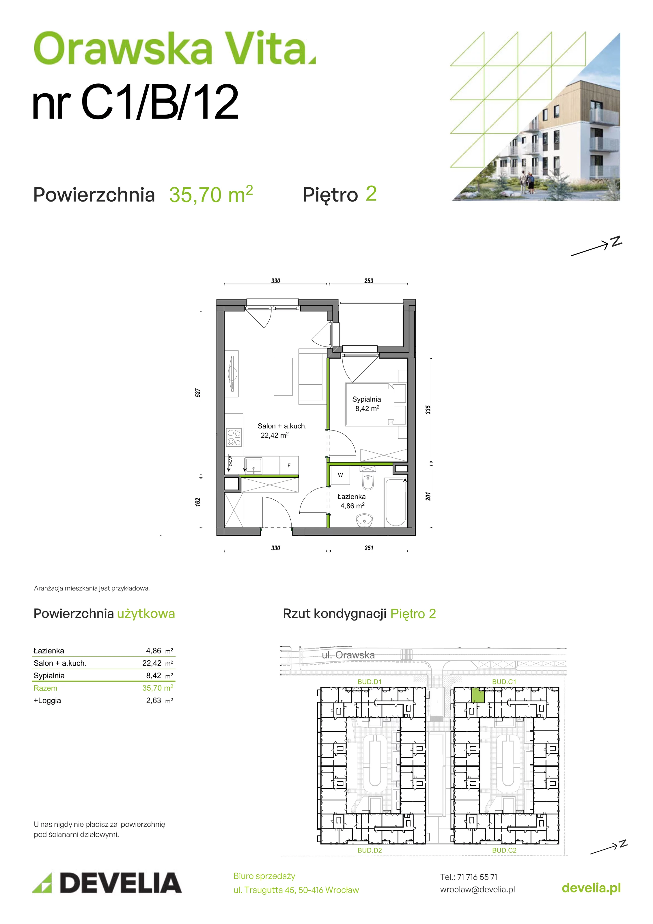Mieszkanie 35,70 m², piętro 2, oferta nr C1/B/12, Orawska Vita, Wrocław, Ołtaszyn, Krzyki, ul. Orawska 73