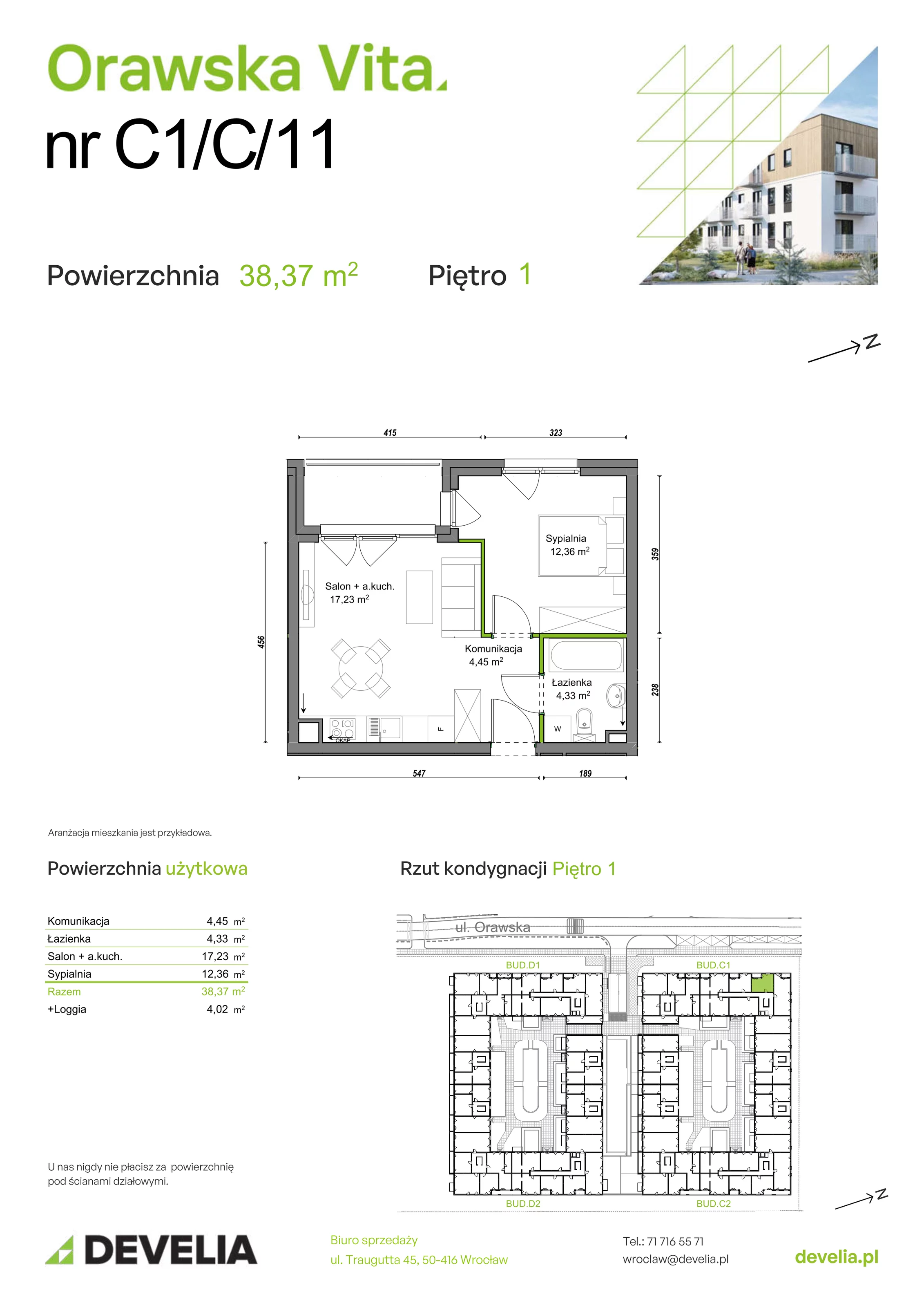 Mieszkanie 38,37 m², piętro 1, oferta nr C1/C/11, Orawska Vita II, Wrocław, Ołtaszyn, Krzyki, ul. Orawska 73