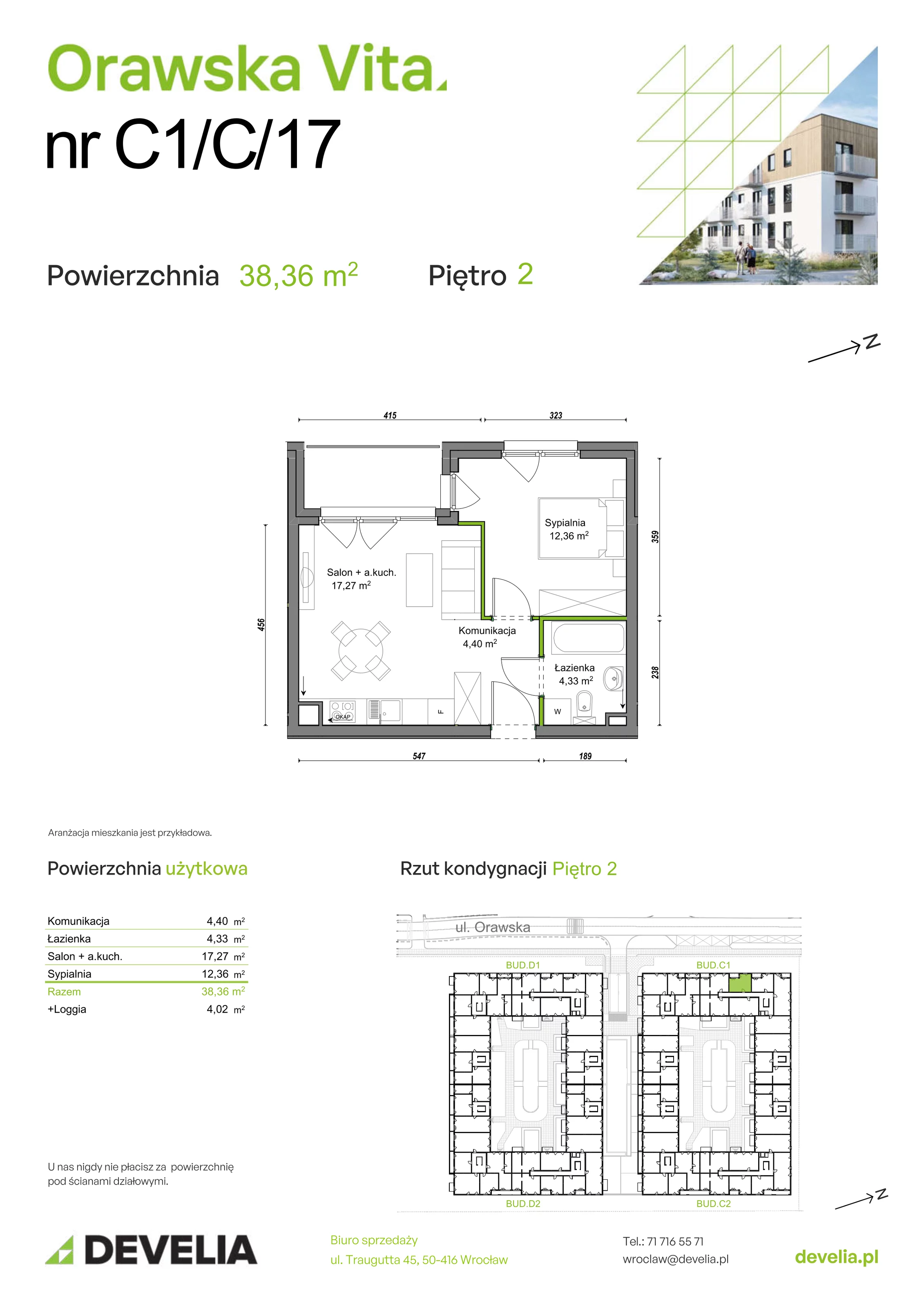 Mieszkanie 38,36 m², piętro 2, oferta nr C1/C/17, Orawska Vita, Wrocław, Ołtaszyn, Krzyki, ul. Orawska 73