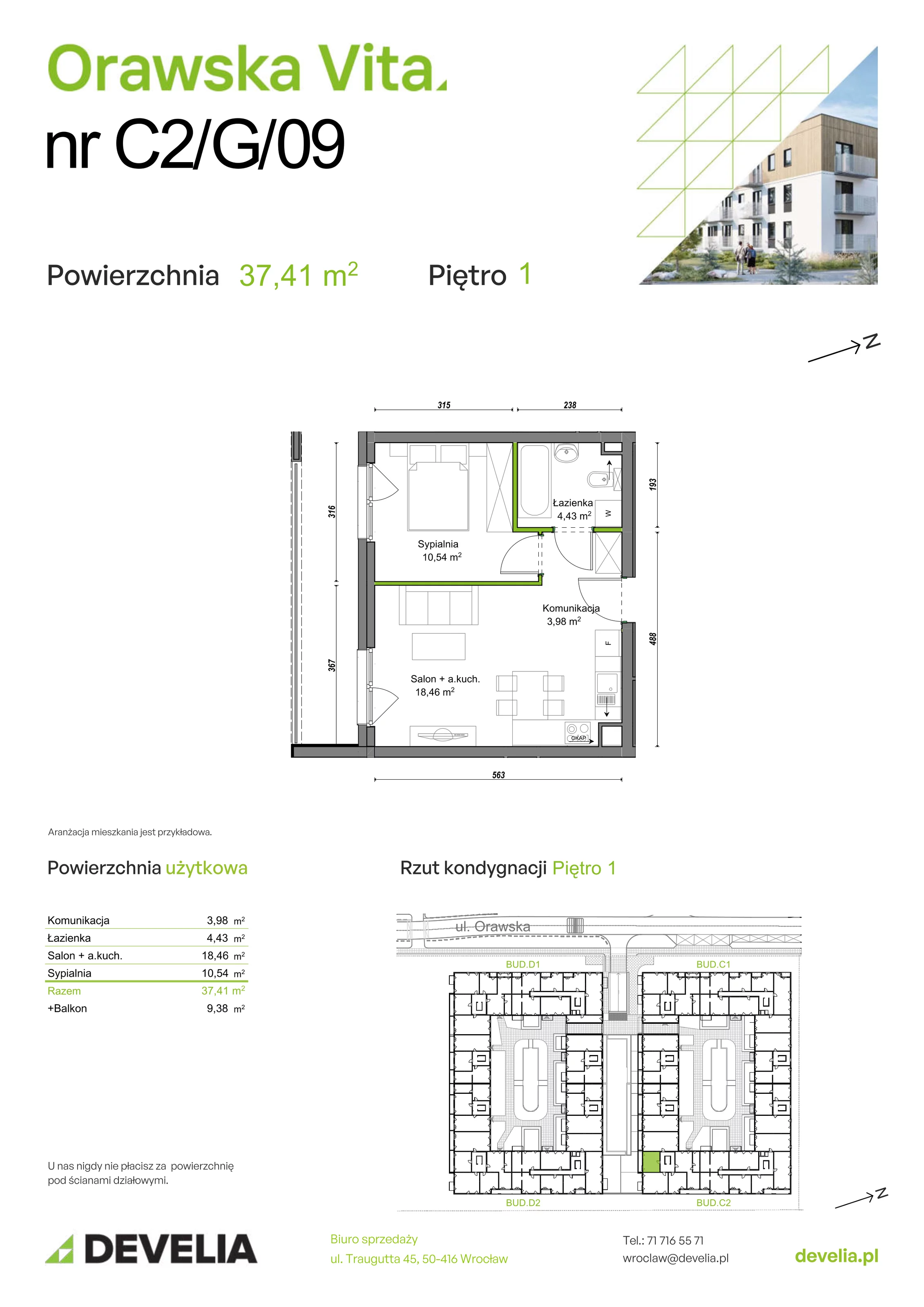 Mieszkanie 37,41 m², piętro 1, oferta nr C2/G/09, Orawska Vita, Wrocław, Ołtaszyn, Krzyki, ul. Orawska 73