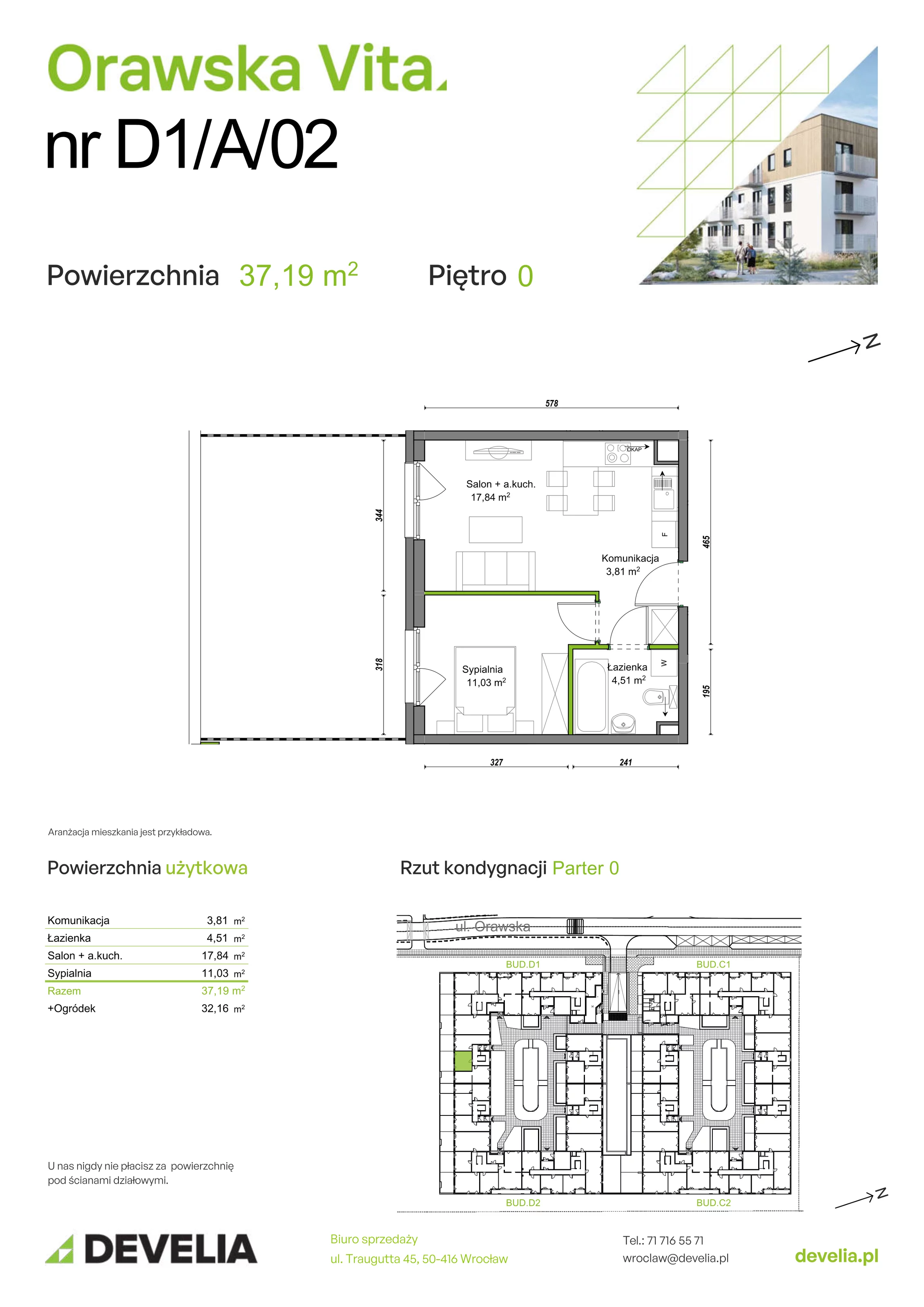 Mieszkanie 37,19 m², parter, oferta nr D1/A/02, Orawska Vita, Wrocław, Ołtaszyn, Krzyki, ul. Orawska 73