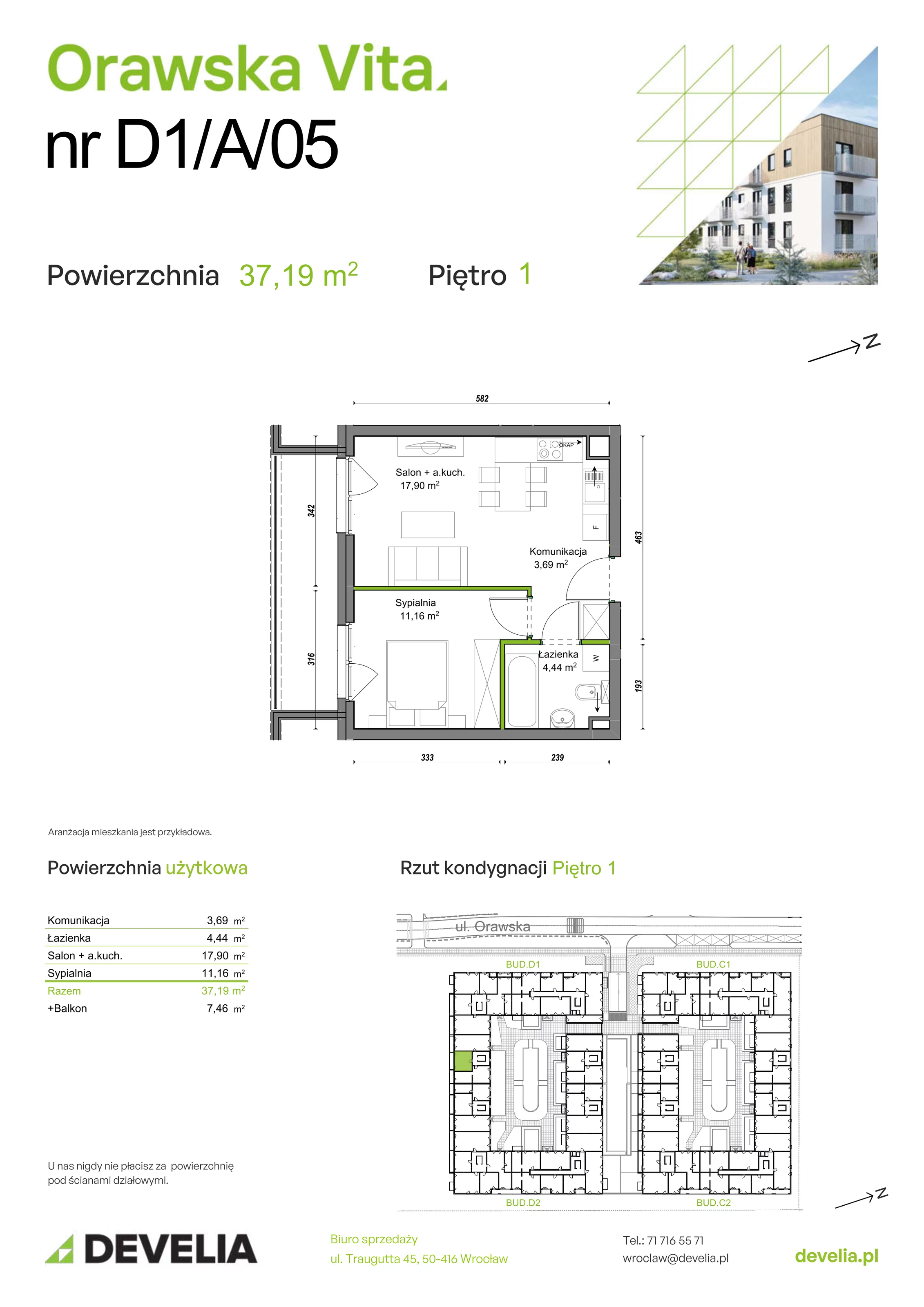 Mieszkanie 37,19 m², piętro 1, oferta nr D1/A/05, Orawska Vita, Wrocław, Ołtaszyn, Krzyki, ul. Orawska 73