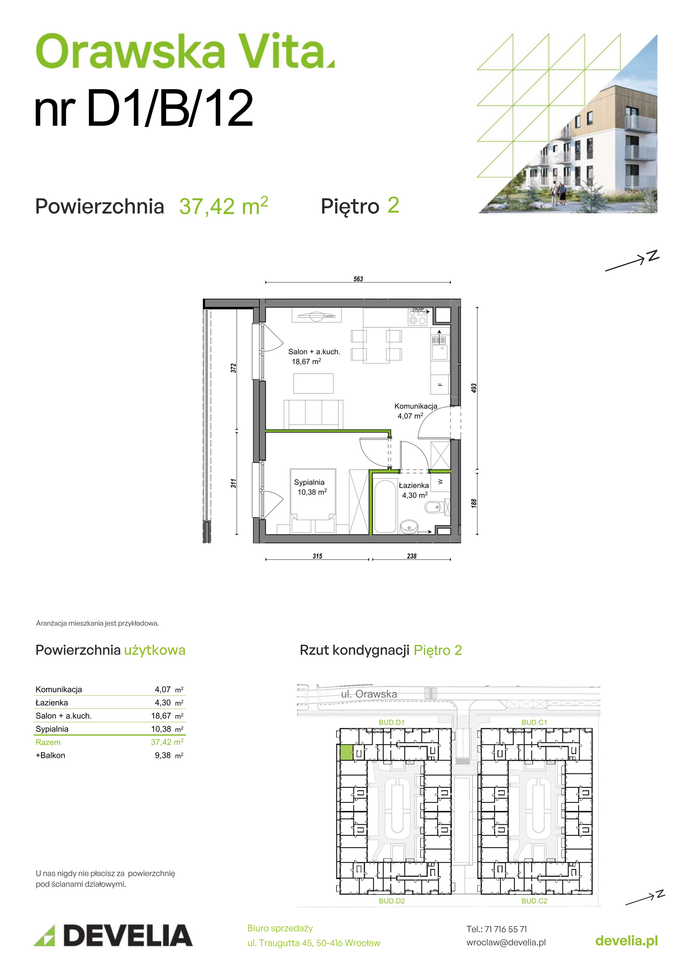 Mieszkanie 37,42 m², piętro 2, oferta nr D1/B/12, Orawska Vita, Wrocław, Ołtaszyn, Krzyki, ul. Orawska 73