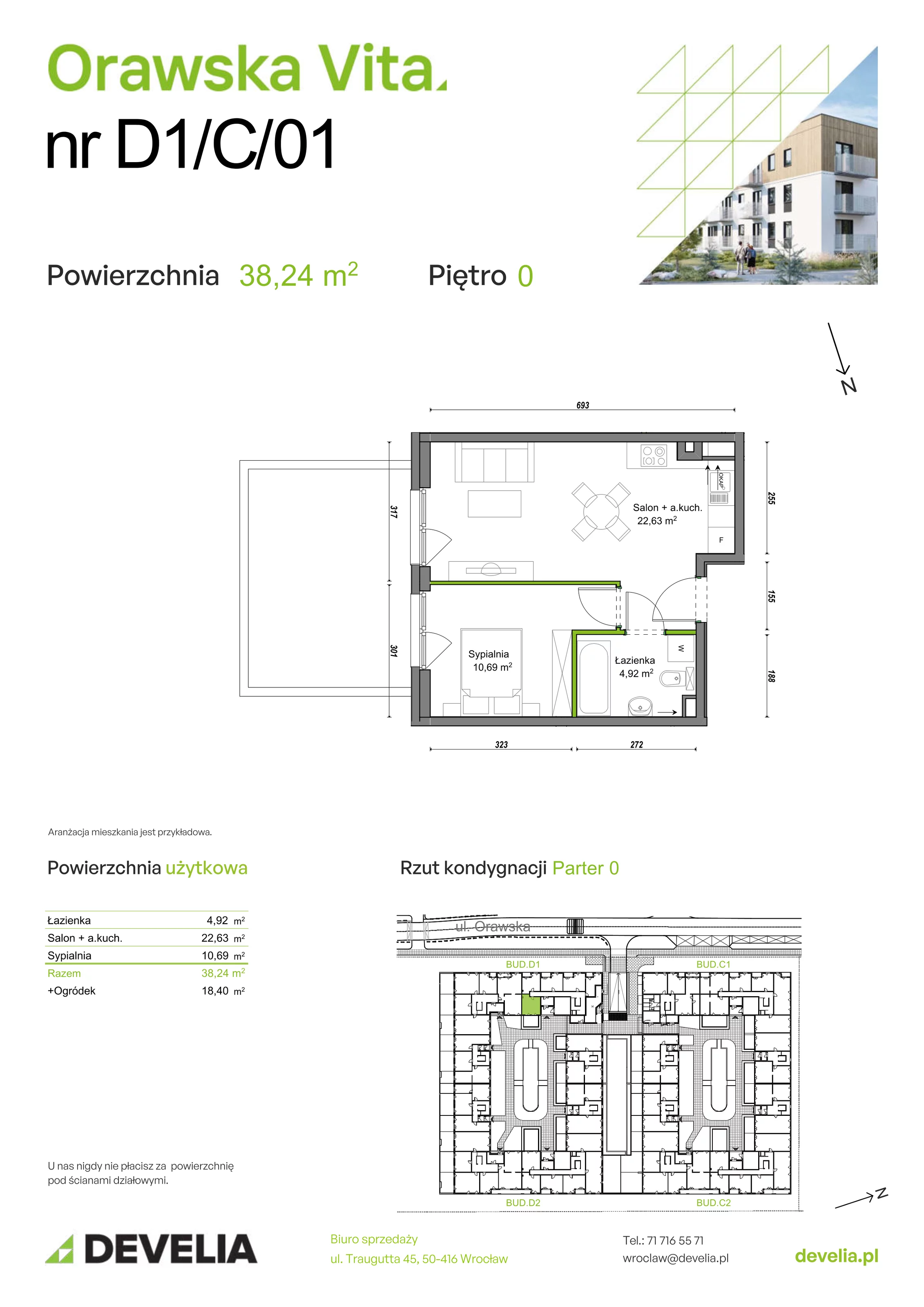 Mieszkanie 38,24 m², parter, oferta nr D1/C/01, Orawska Vita, Wrocław, Ołtaszyn, Krzyki, ul. Orawska 73