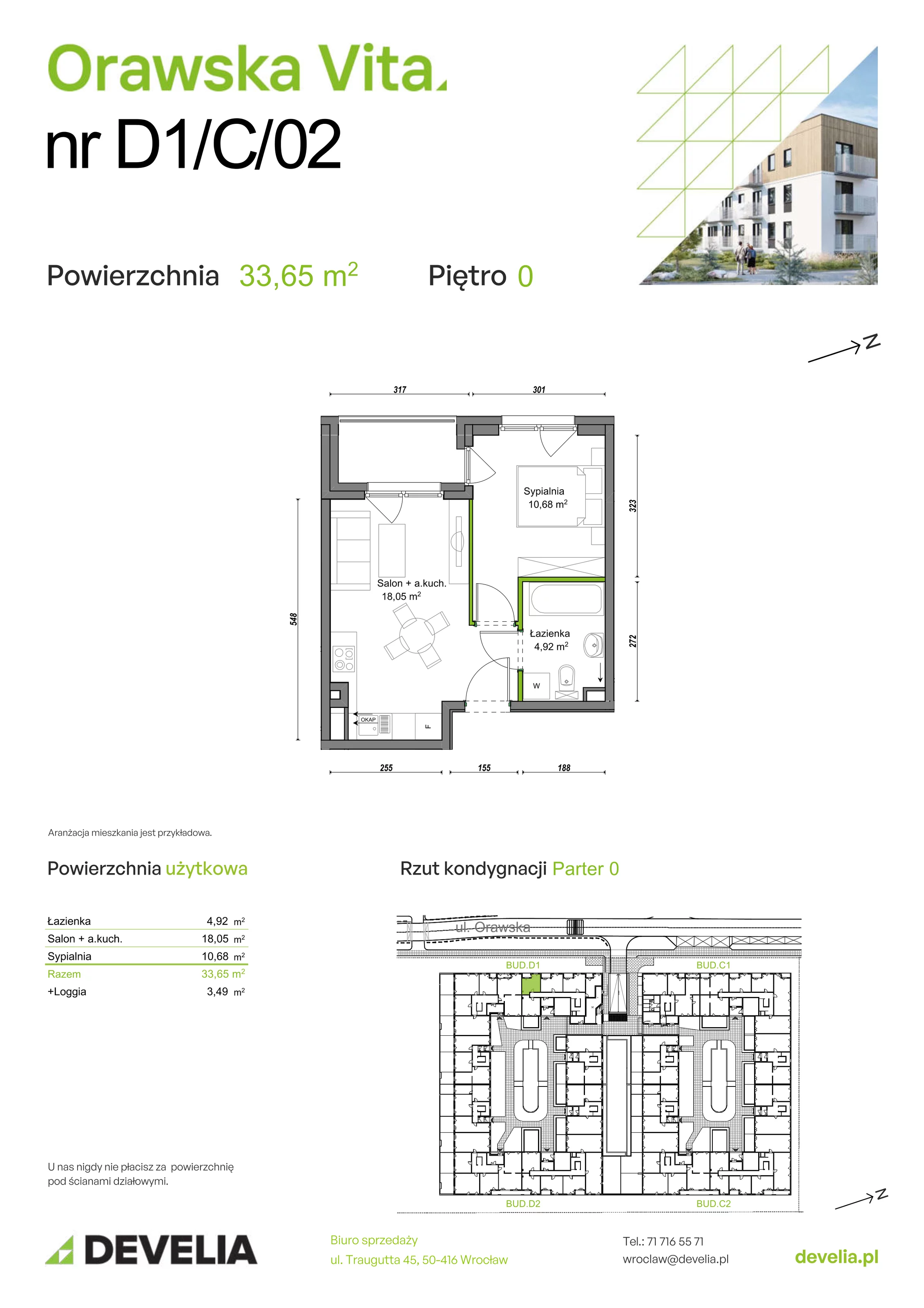 Mieszkanie 33,65 m², parter, oferta nr D1/C/02, Orawska Vita, Wrocław, Ołtaszyn, Krzyki, ul. Orawska 73