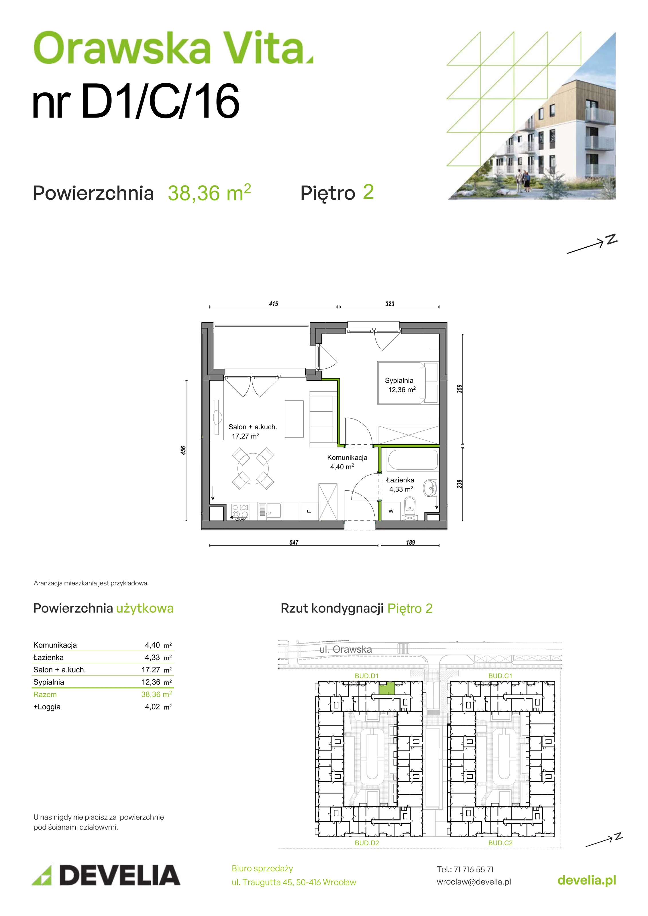 Mieszkanie 38,36 m², piętro 2, oferta nr D1/C/16, Orawska Vita, Wrocław, Ołtaszyn, Krzyki, ul. Orawska 73
