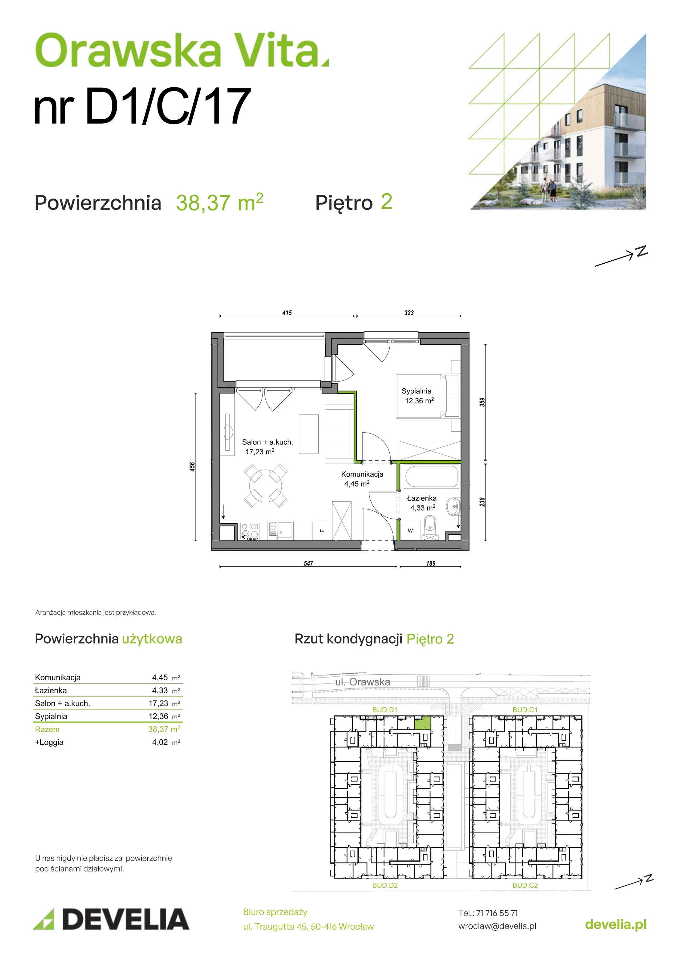 Mieszkanie 38,37 m², piętro 2, oferta nr D1/C/17, Orawska Vita II, Wrocław, Ołtaszyn, Krzyki, ul. Orawska 73