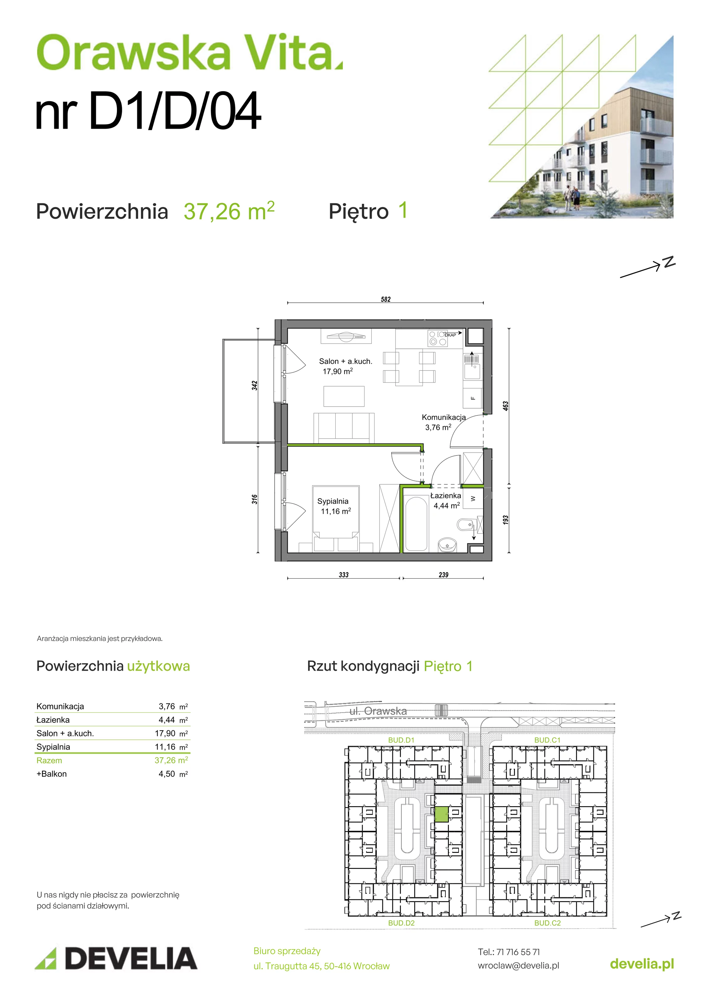 Mieszkanie 37,26 m², piętro 1, oferta nr D1/D/04, Orawska Vita II, Wrocław, Ołtaszyn, Krzyki, ul. Orawska 73