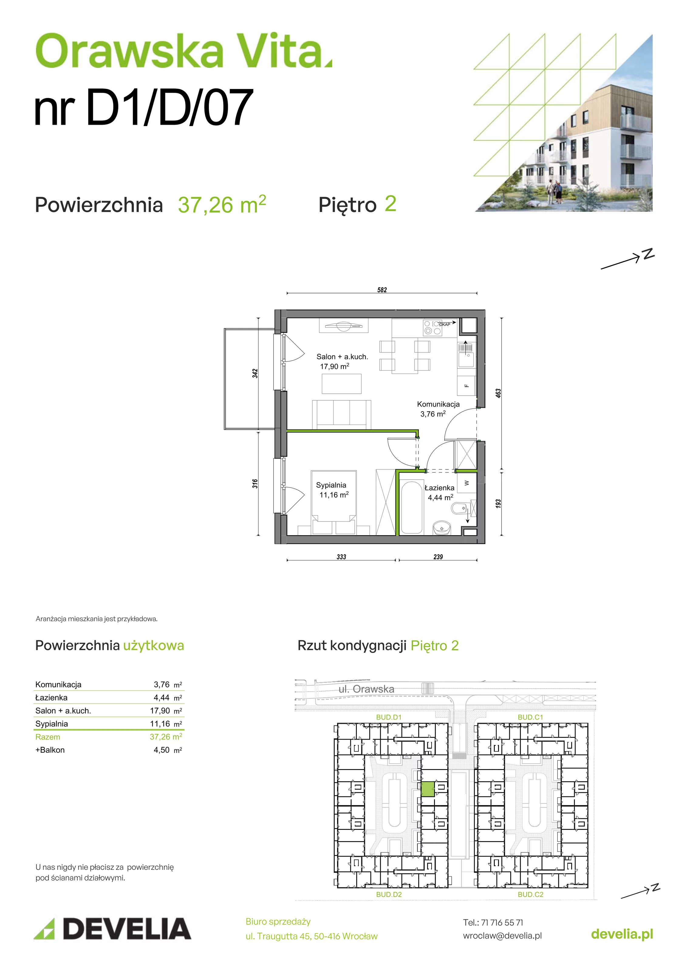 Mieszkanie 37,26 m², piętro 2, oferta nr D1/D/07, Orawska Vita, Wrocław, Ołtaszyn, Krzyki, ul. Orawska 73