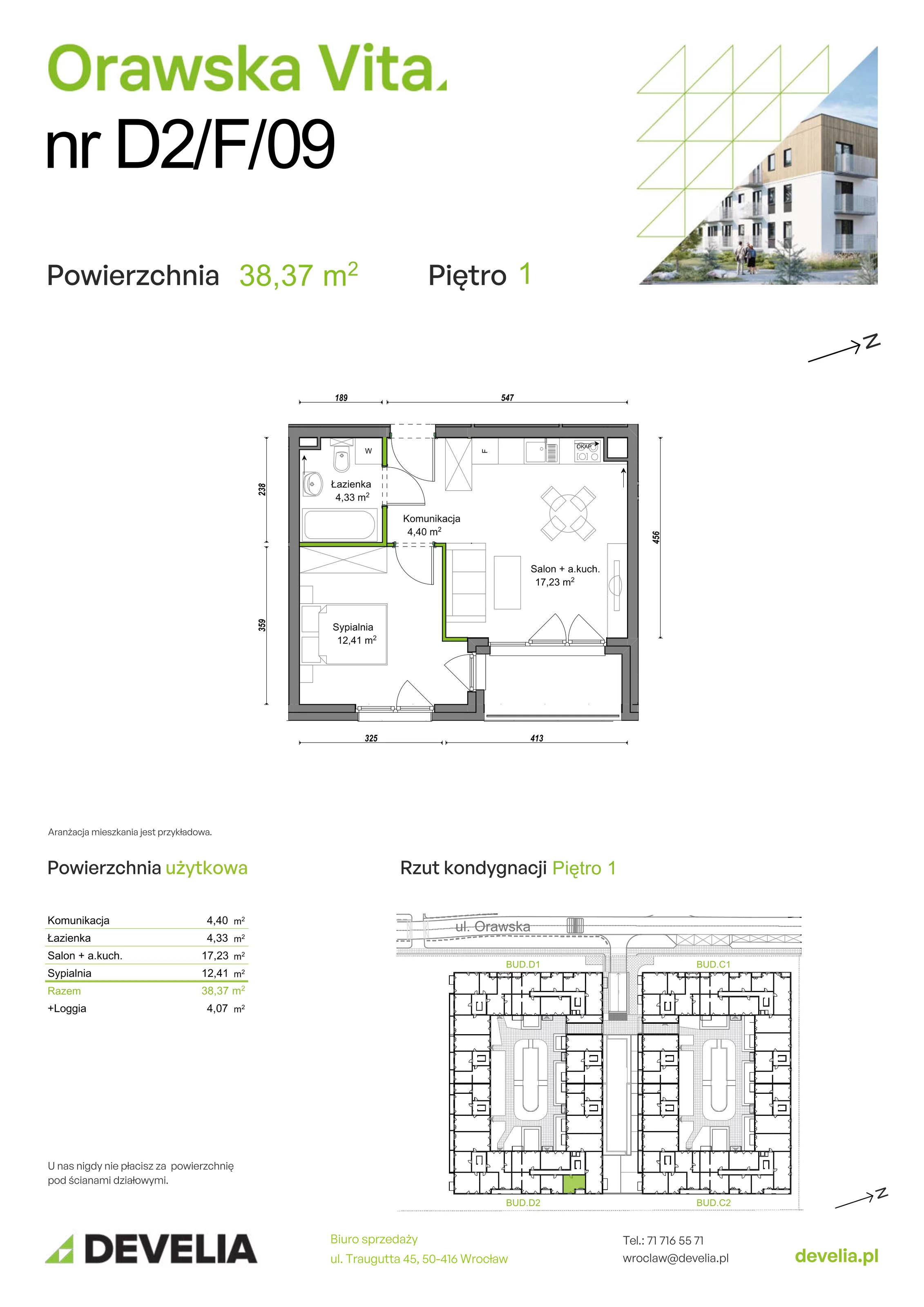 Mieszkanie 38,37 m², piętro 1, oferta nr D2/F/09, Orawska Vita, Wrocław, Ołtaszyn, Krzyki, ul. Orawska 73