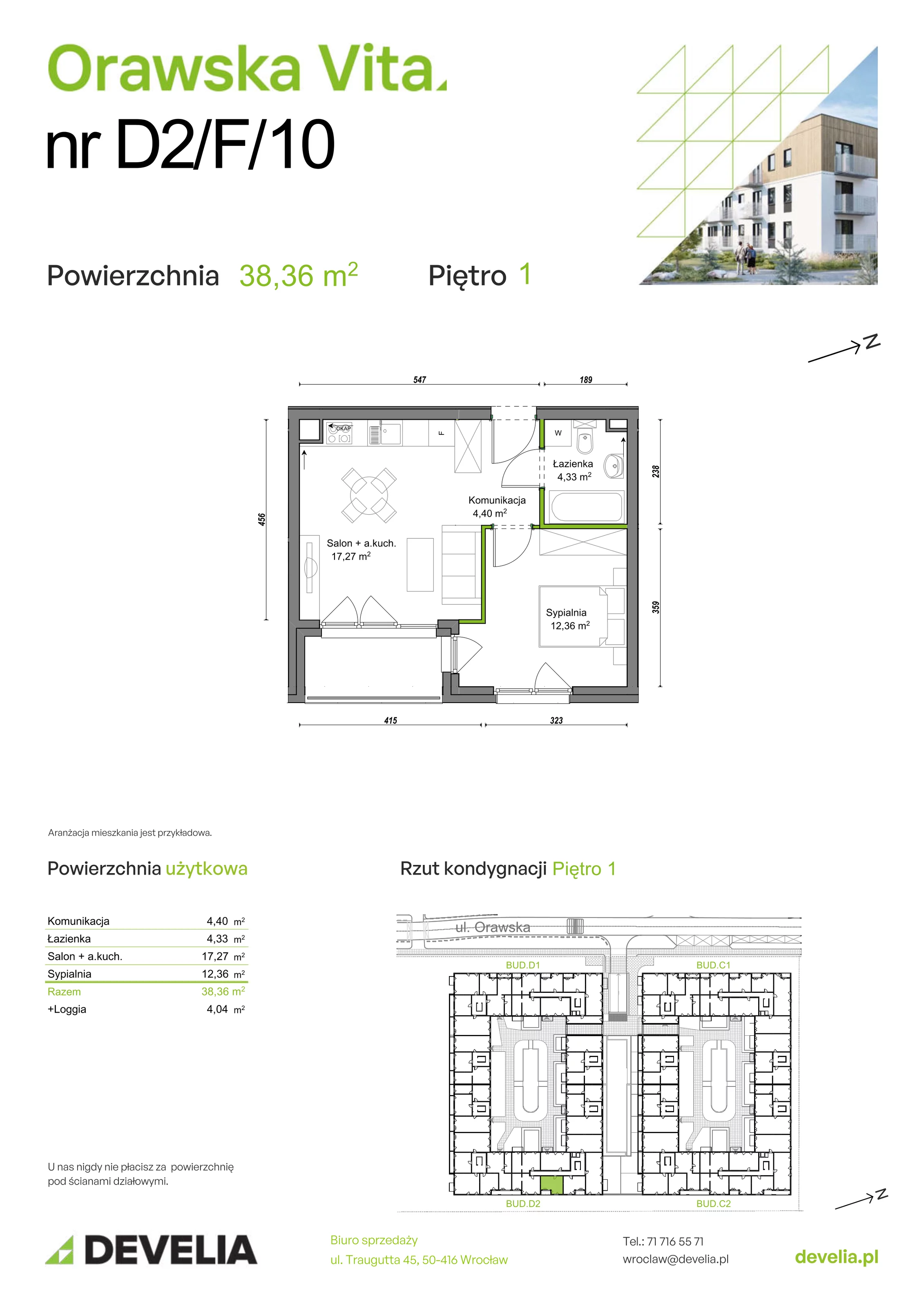 Mieszkanie 38,36 m², piętro 1, oferta nr D2/F/10, Orawska Vita, Wrocław, Ołtaszyn, Krzyki, ul. Orawska 73