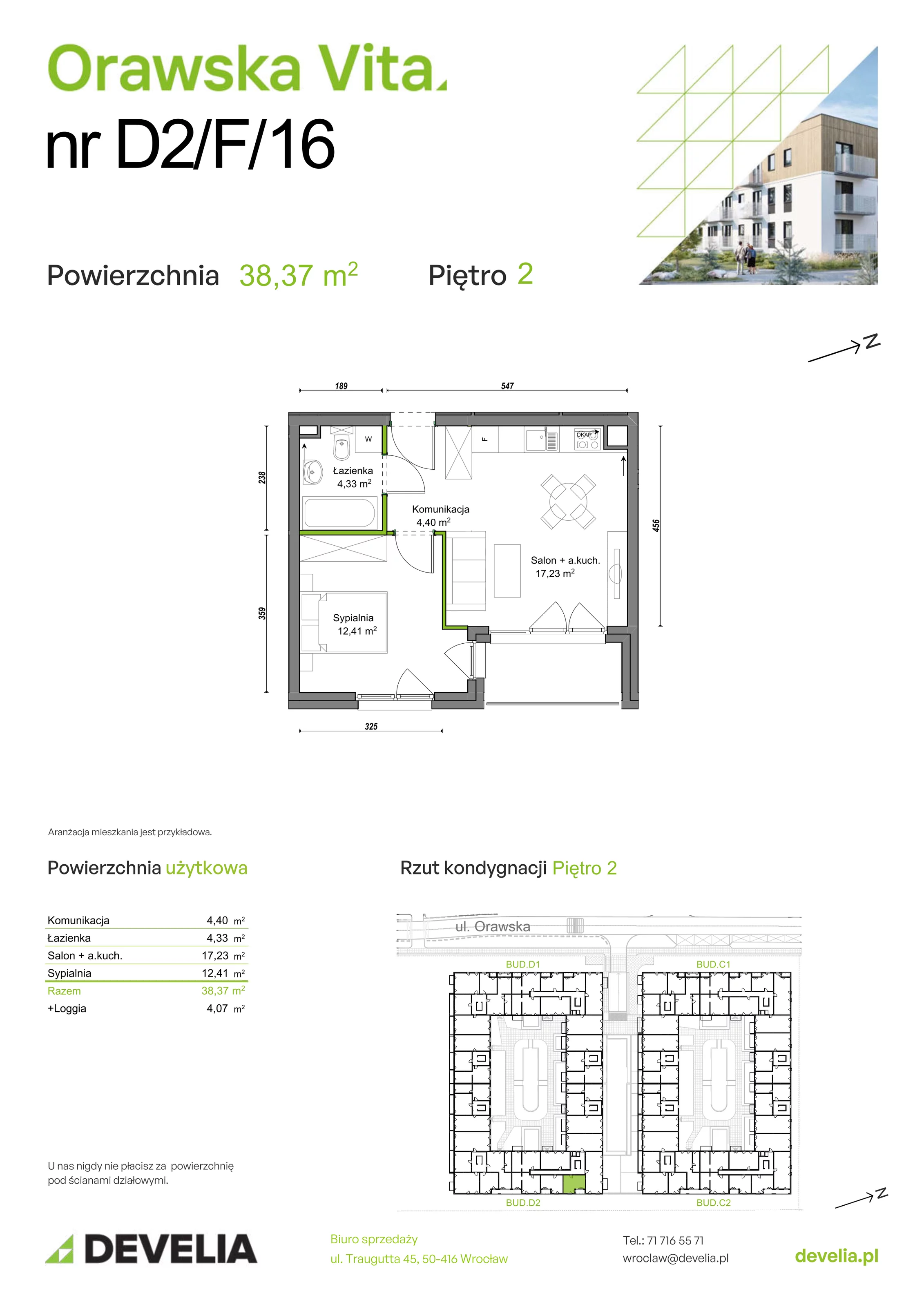 Mieszkanie 38,37 m², piętro 2, oferta nr D2/F/16, Orawska Vita, Wrocław, Ołtaszyn, Krzyki, ul. Orawska 73
