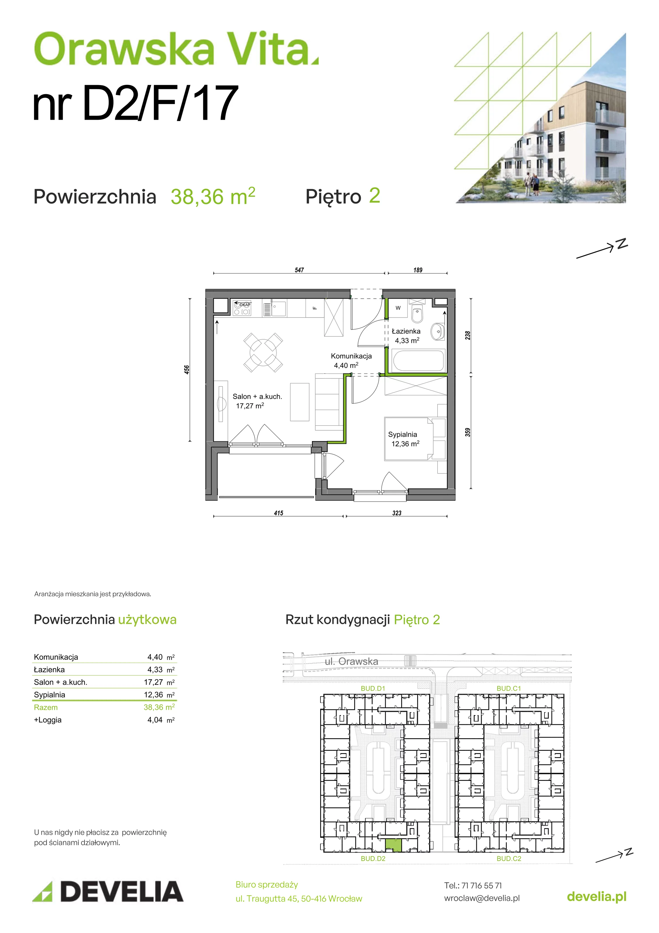 Mieszkanie 38,36 m², piętro 2, oferta nr D2/F/17, Orawska Vita, Wrocław, Ołtaszyn, Krzyki, ul. Orawska 73