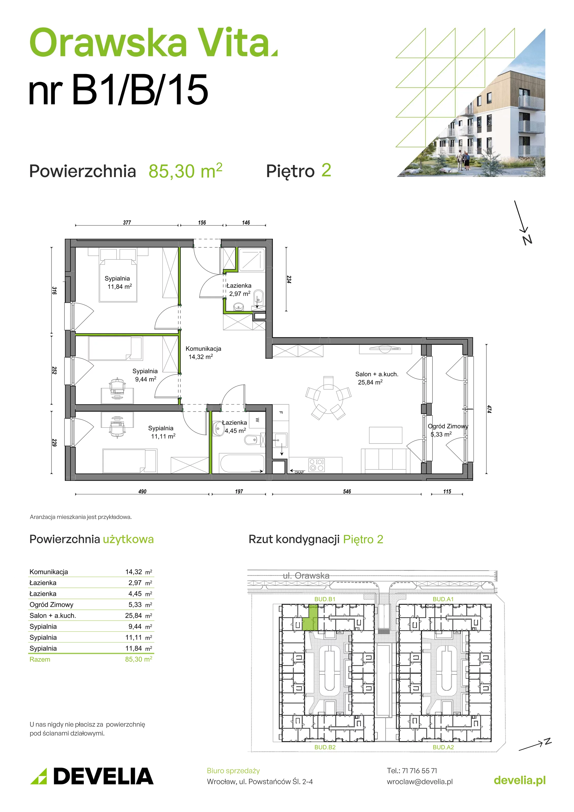 4 pokoje, mieszkanie 85,52 m², piętro 2, oferta nr B1/B/15, Orawska Vita, Wrocław, Ołtaszyn, Krzyki, ul. Orawska 73