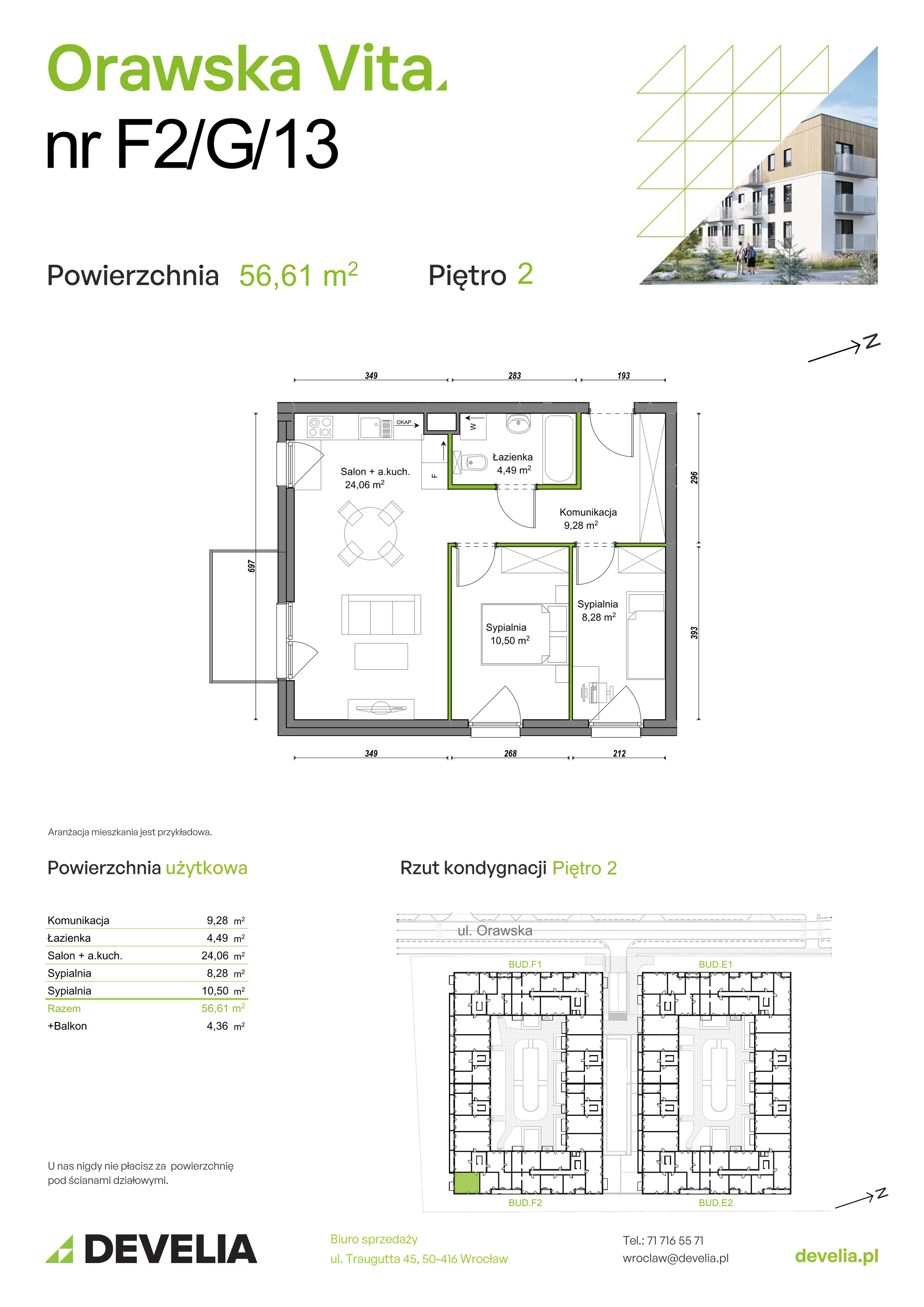 3 pokoje, mieszkanie 56,61 m², piętro 2, oferta nr F2/G/13, Orawska Vita III, Wrocław, Ołtaszyn, Krzyki, ul. Orawska