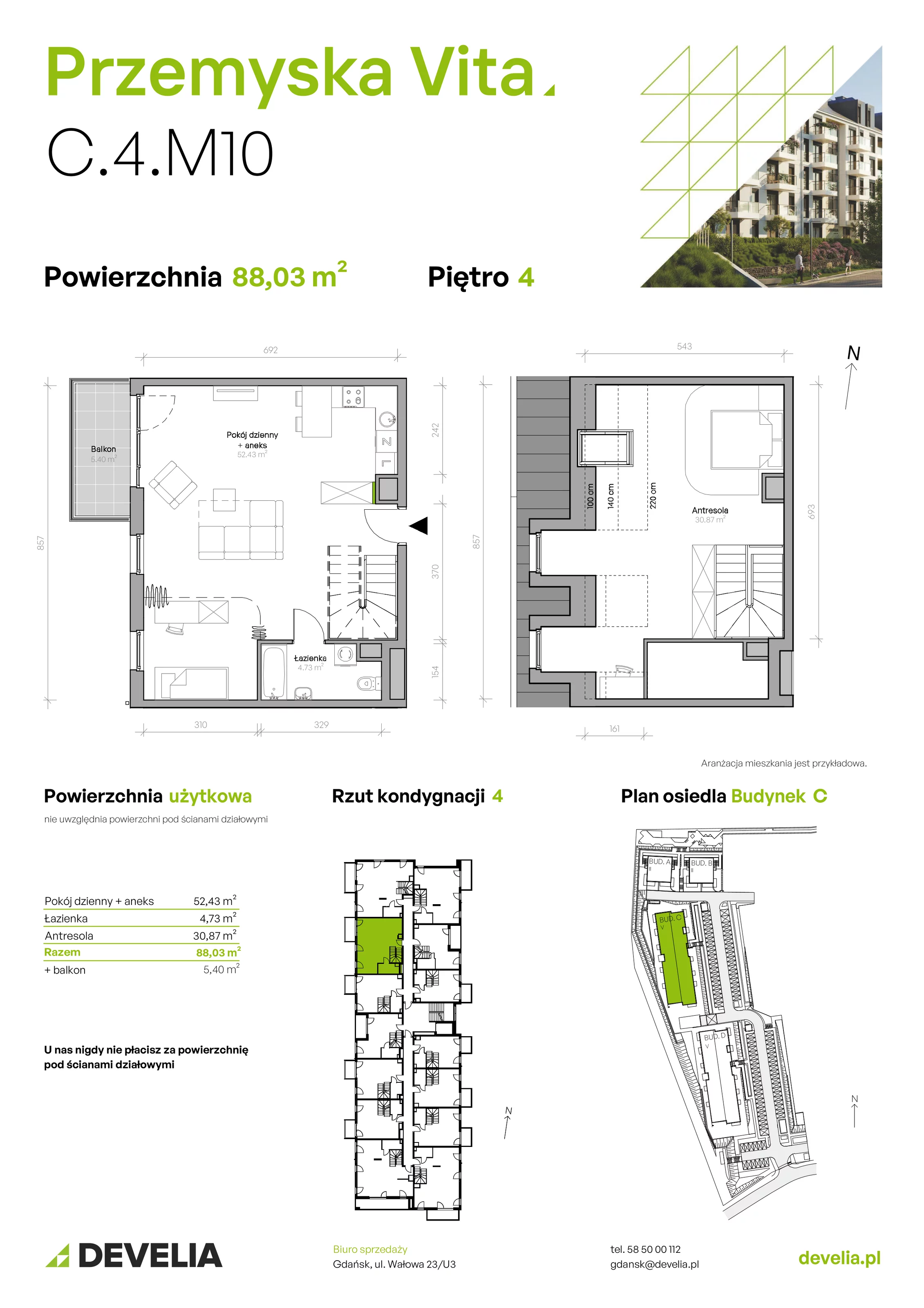 Mieszkanie 88,03 m², piętro 4, oferta nr C.4.M10, Przemyska Vita, Gdańsk, Ujeścisko-Łostowice, Ujeścisko, ul. Przemyska 37