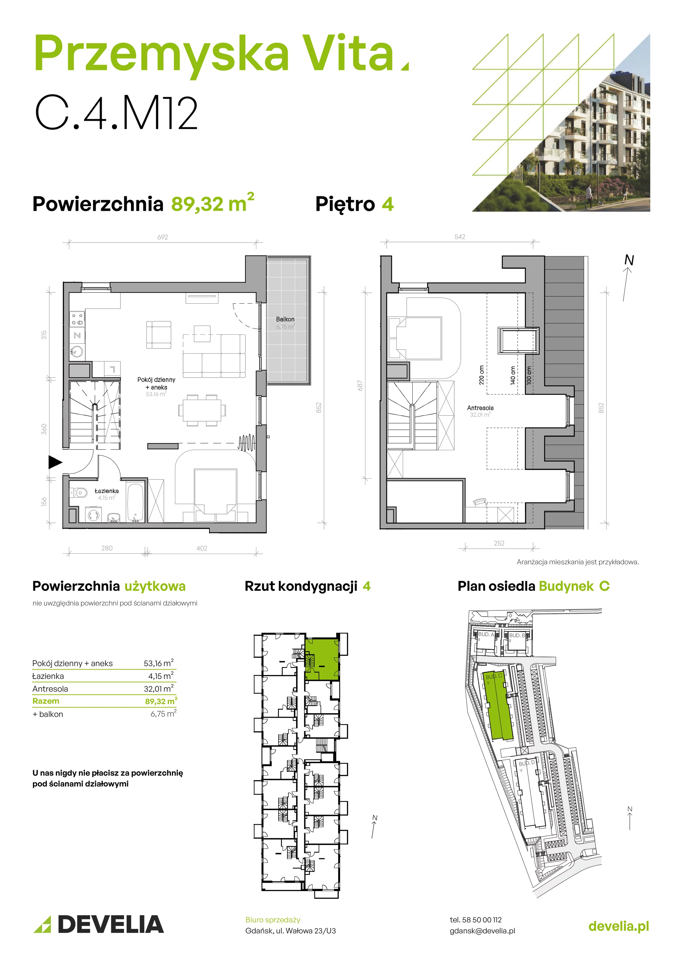 4 pokoje, mieszkanie 89,32 m², piętro 4, oferta nr C.4.M12, Przemyska Vita, Gdańsk, Ujeścisko-Łostowice, Ujeścisko, ul. Przemyska 37