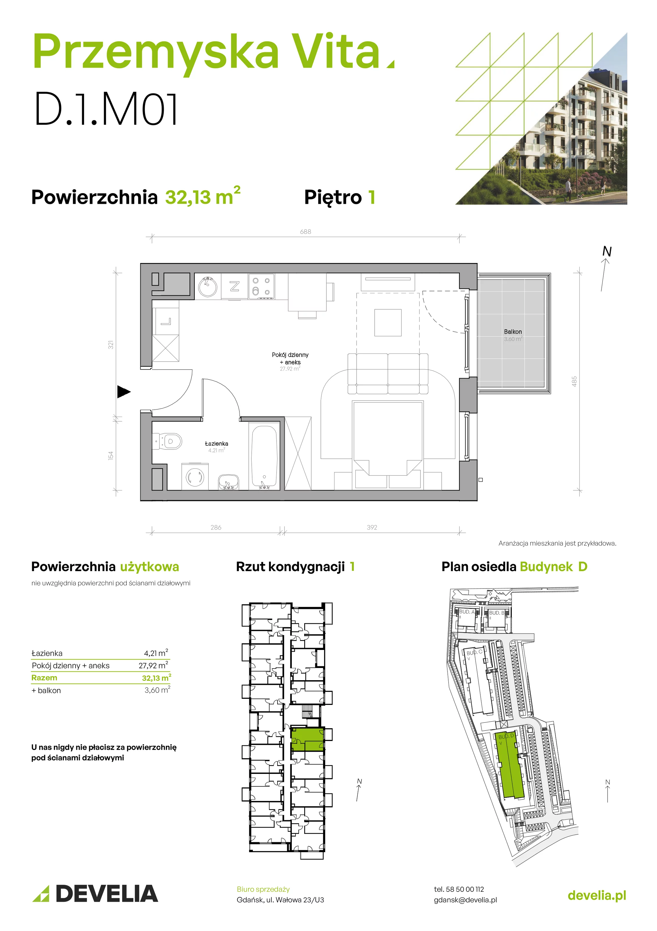 Mieszkanie 32,13 m², piętro 1, oferta nr D.1.M01, Przemyska Vita, Gdańsk, Ujeścisko-Łostowice, Ujeścisko, ul. Przemyska 37