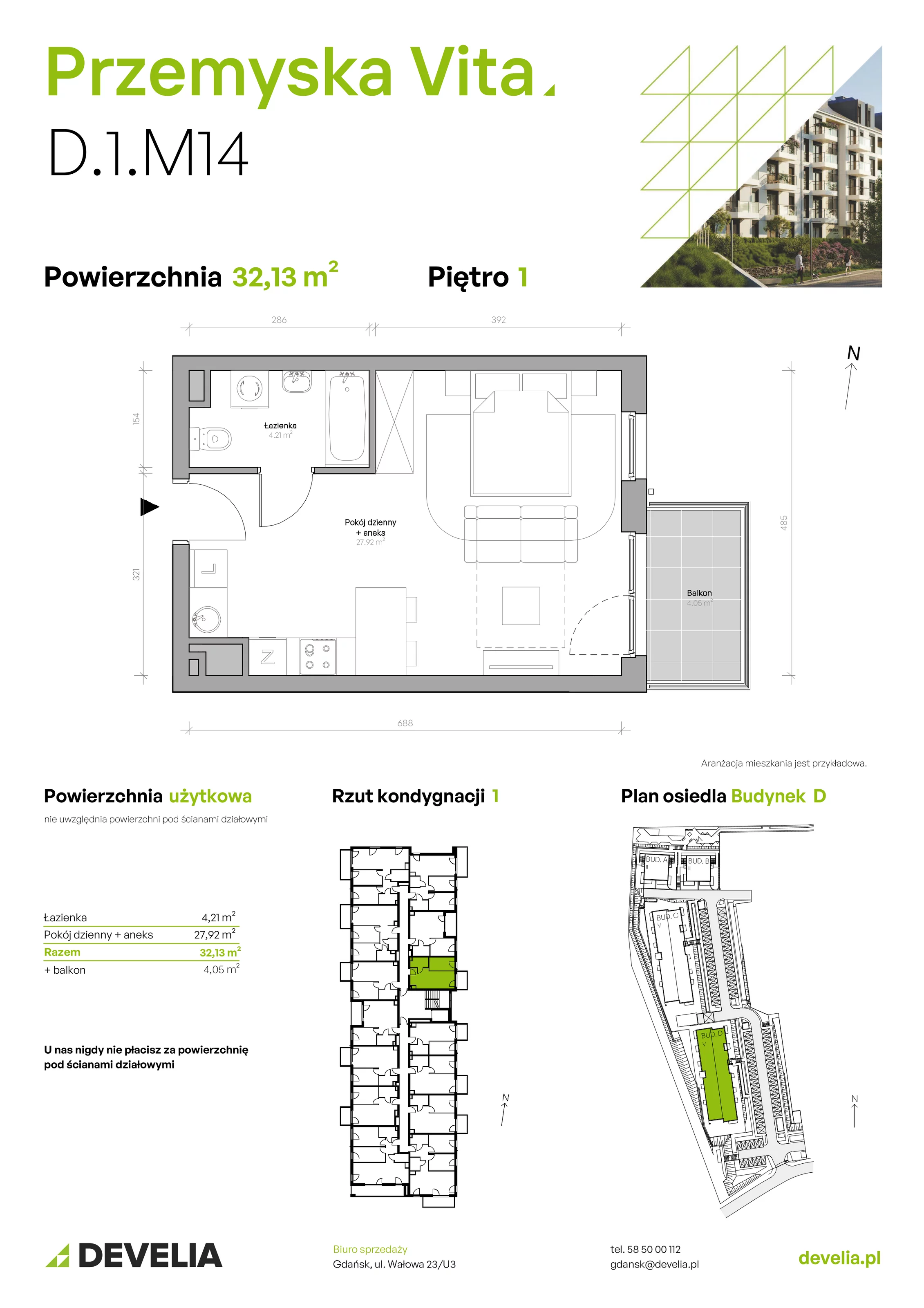 Mieszkanie 32,13 m², piętro 1, oferta nr D.1.M14, Przemyska Vita, Gdańsk, Ujeścisko-Łostowice, Ujeścisko, ul. Przemyska 37