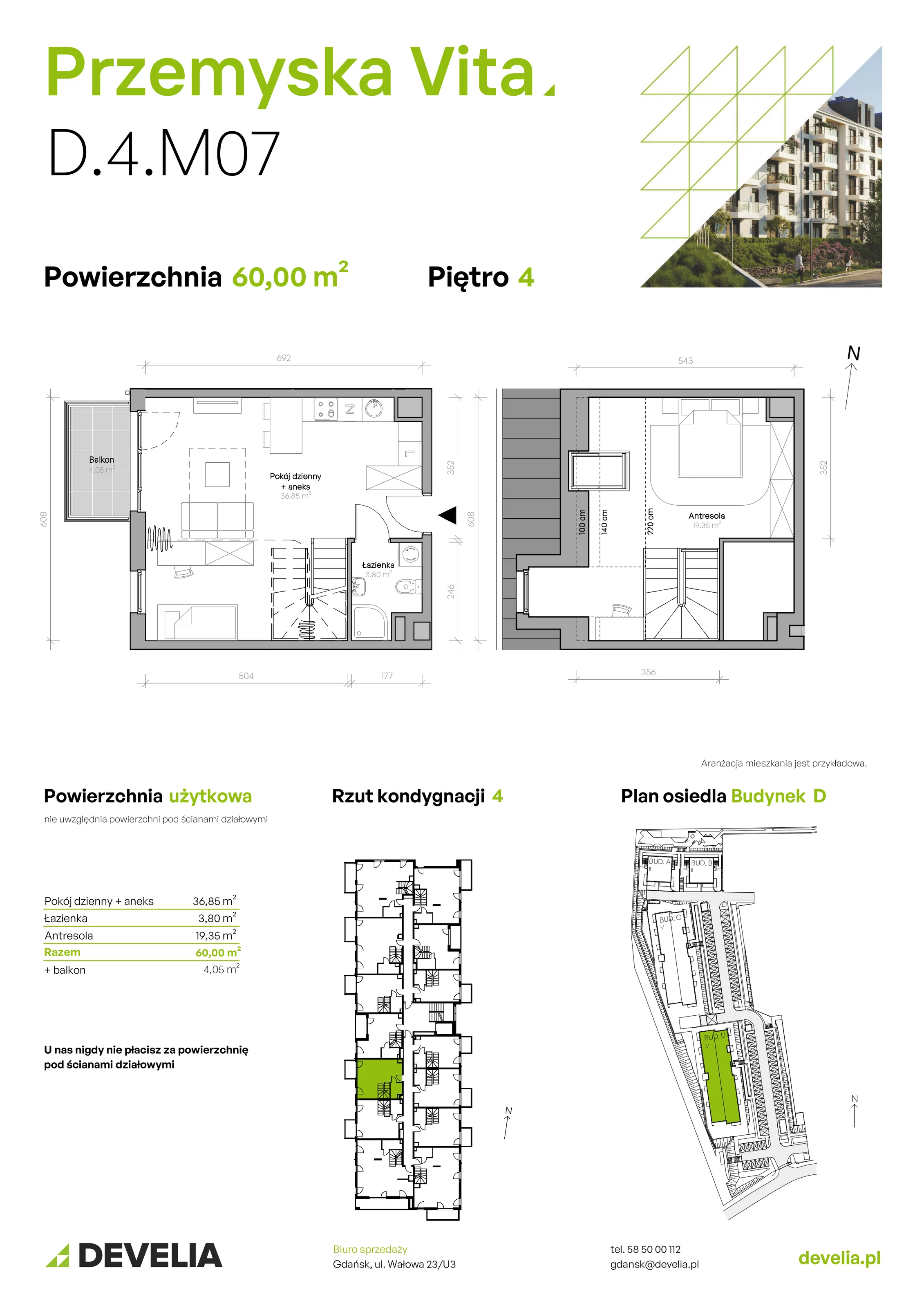 Mieszkanie 60,00 m², piętro 4, oferta nr D.4.M07, Przemyska Vita, Gdańsk, Ujeścisko-Łostowice, Ujeścisko, ul. Przemyska 37