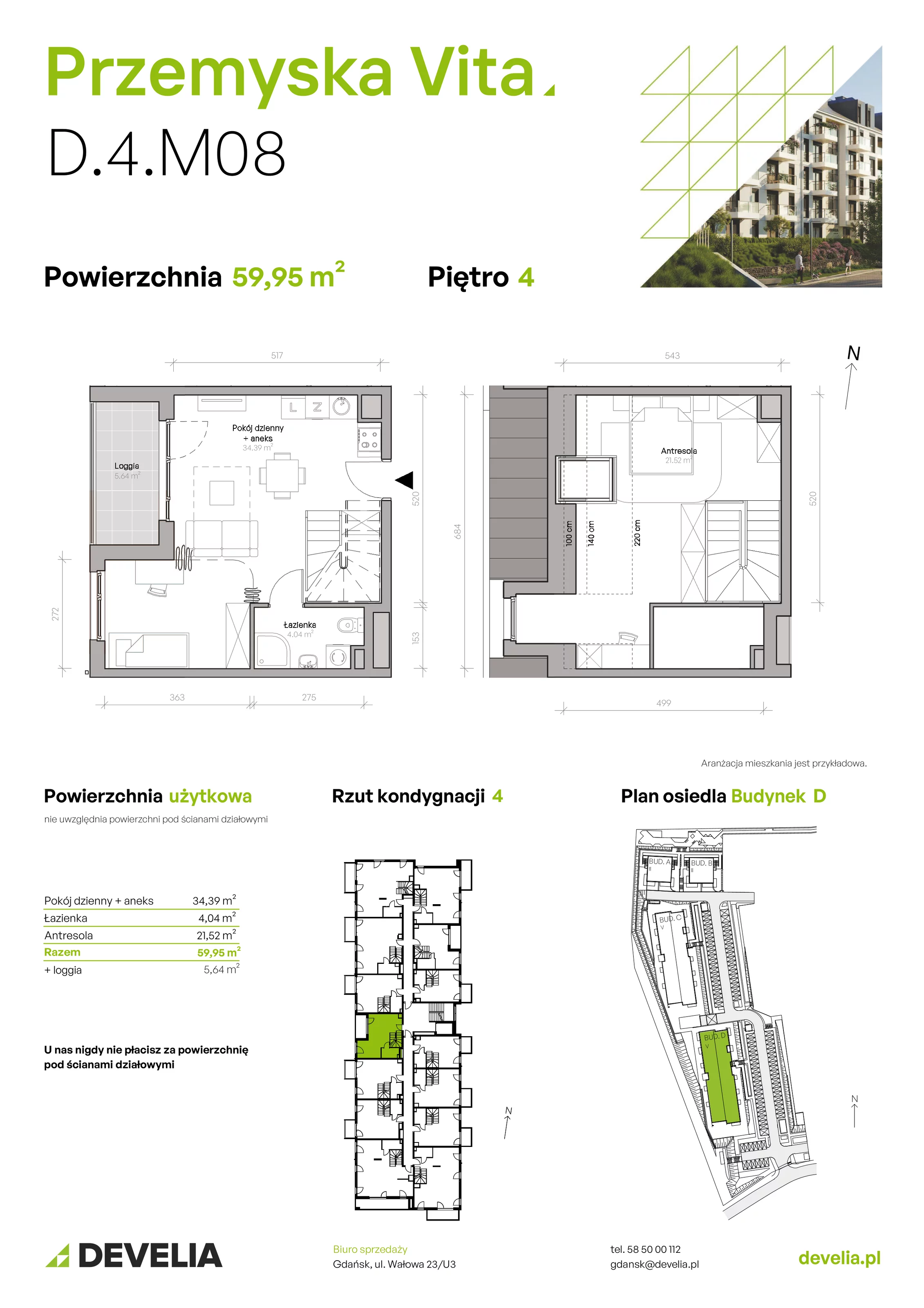 Mieszkanie 59,95 m², piętro 4, oferta nr D.4.M08, Przemyska Vita, Gdańsk, Ujeścisko-Łostowice, Ujeścisko, ul. Przemyska 37