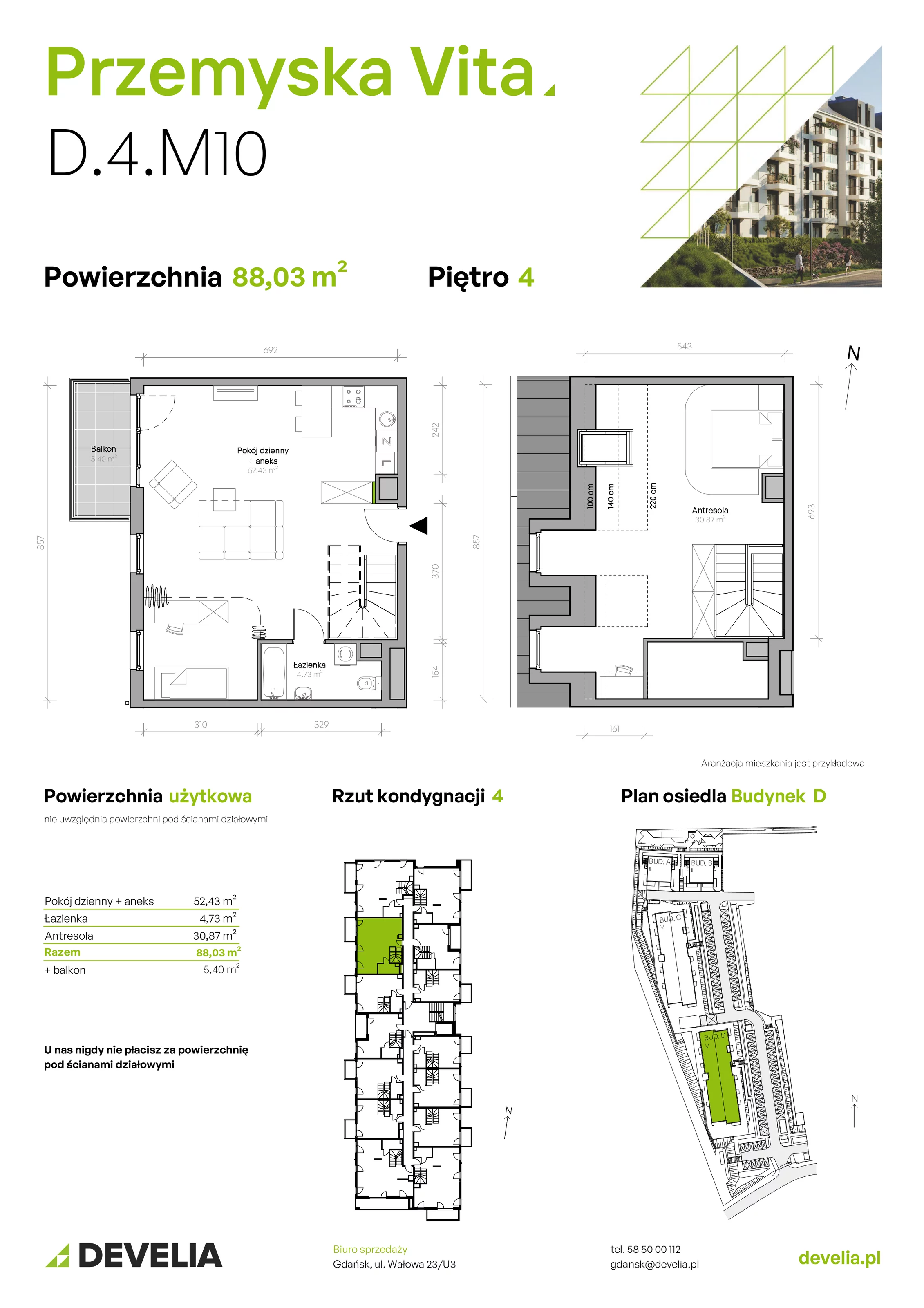 Mieszkanie 88,03 m², piętro 4, oferta nr D.4.M10, Przemyska Vita, Gdańsk, Ujeścisko-Łostowice, Ujeścisko, ul. Przemyska 37